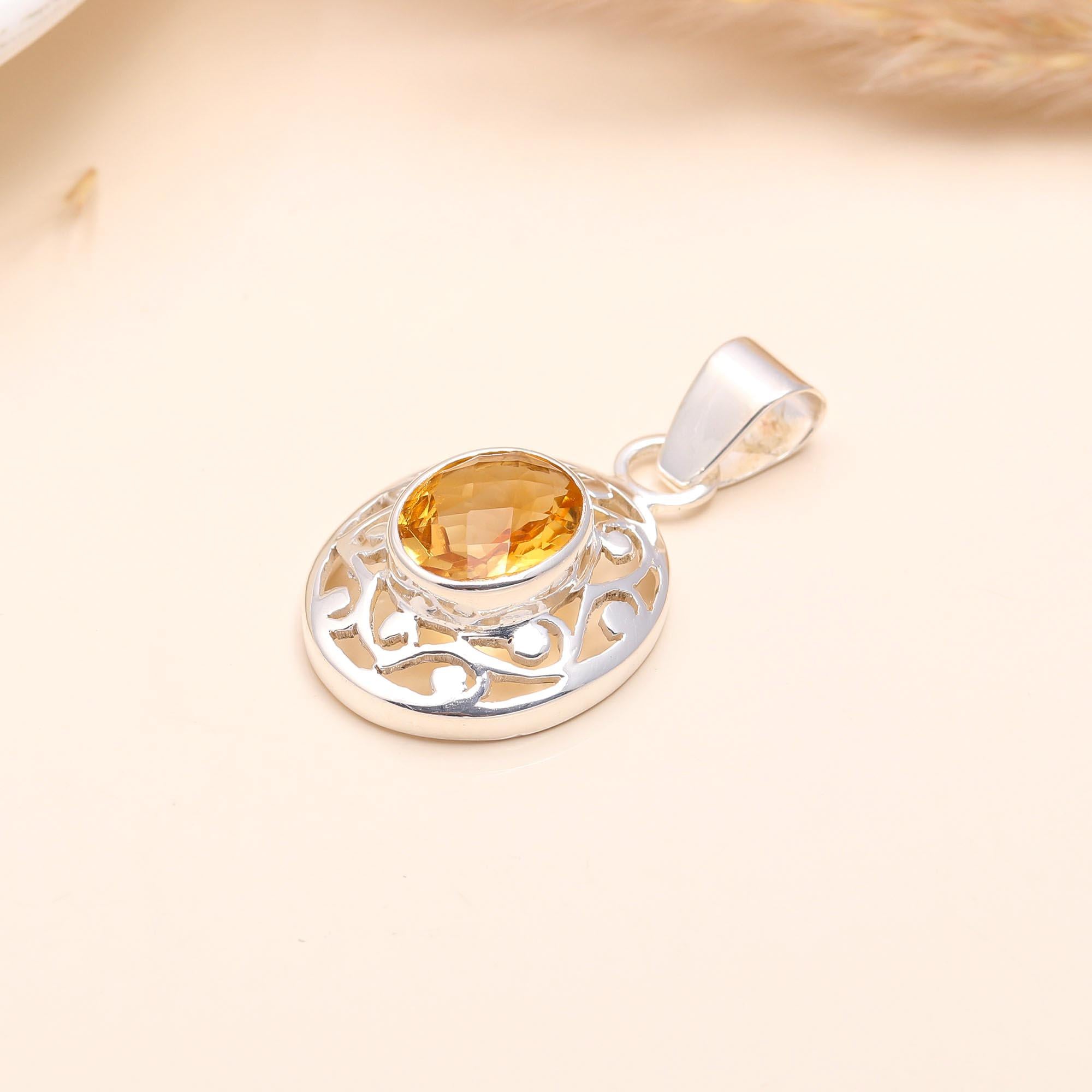 925 Sterling Silver Citrine Gemstone Filigree Pendant