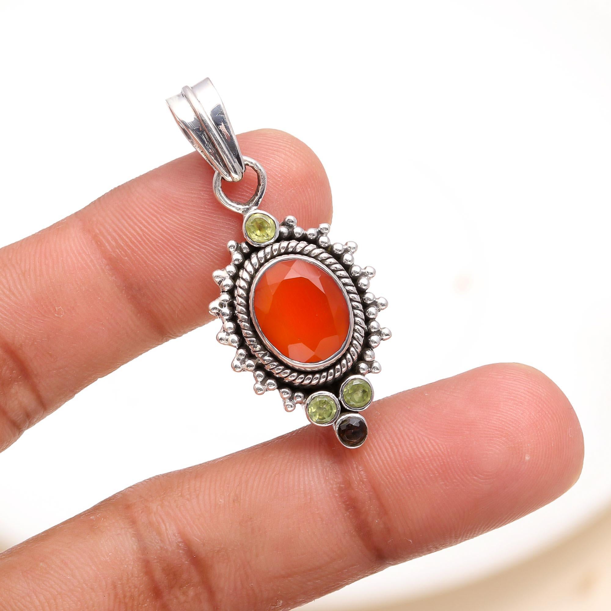 925 Sterling Silver Vintage Carnelian, Peridot & Smoky Quartz Pendant