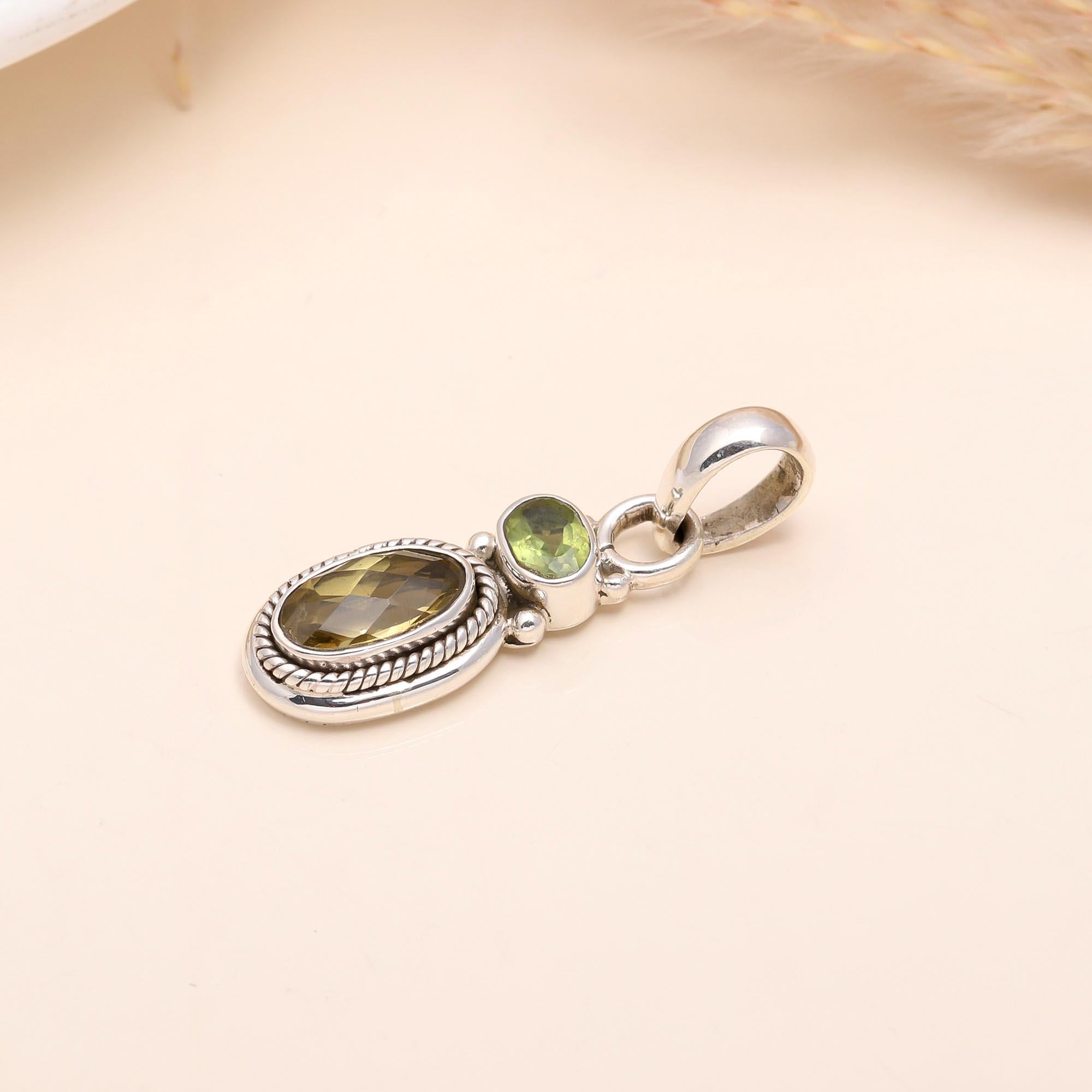 925 Sterling Silver Faceted Lemon Quartz & Peridot Pendant