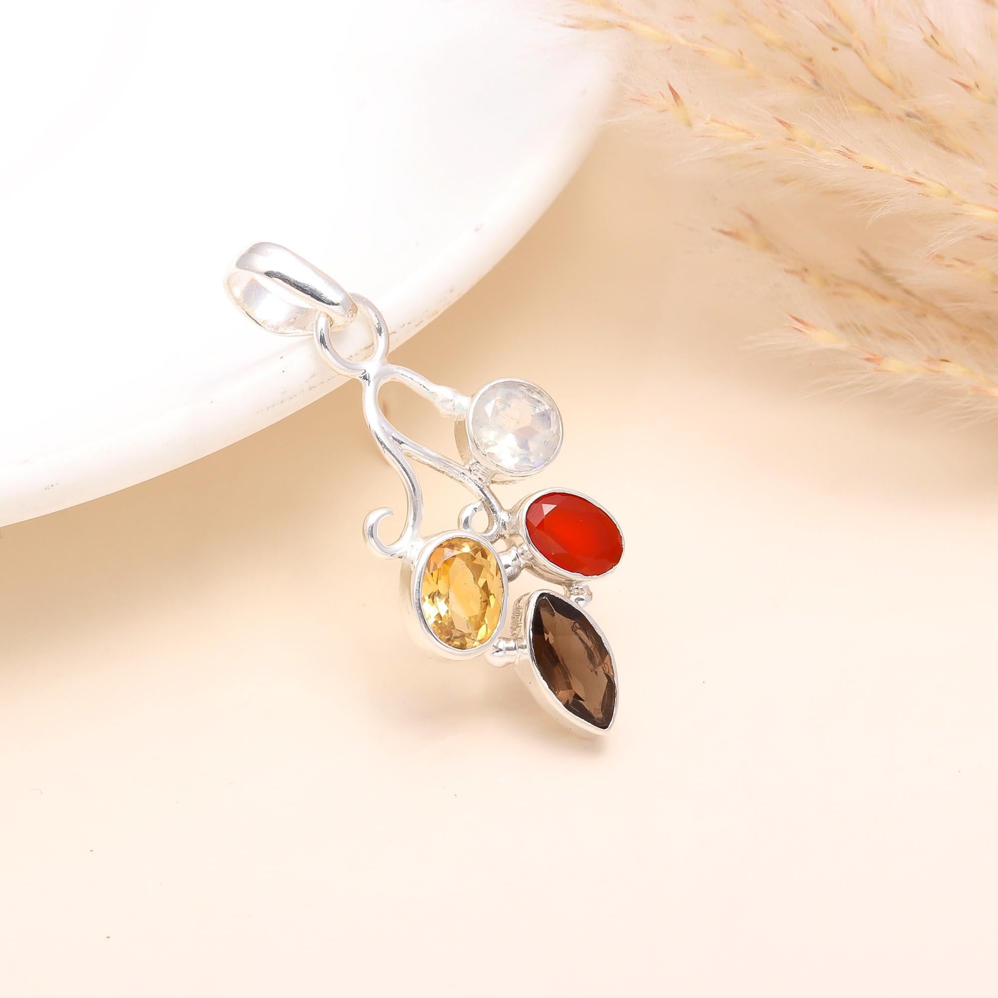 925 Sterling Silver Citrine, Moonstone, Carnelian & Smoky Quartz Multi-Gemstone Filigree Pendant