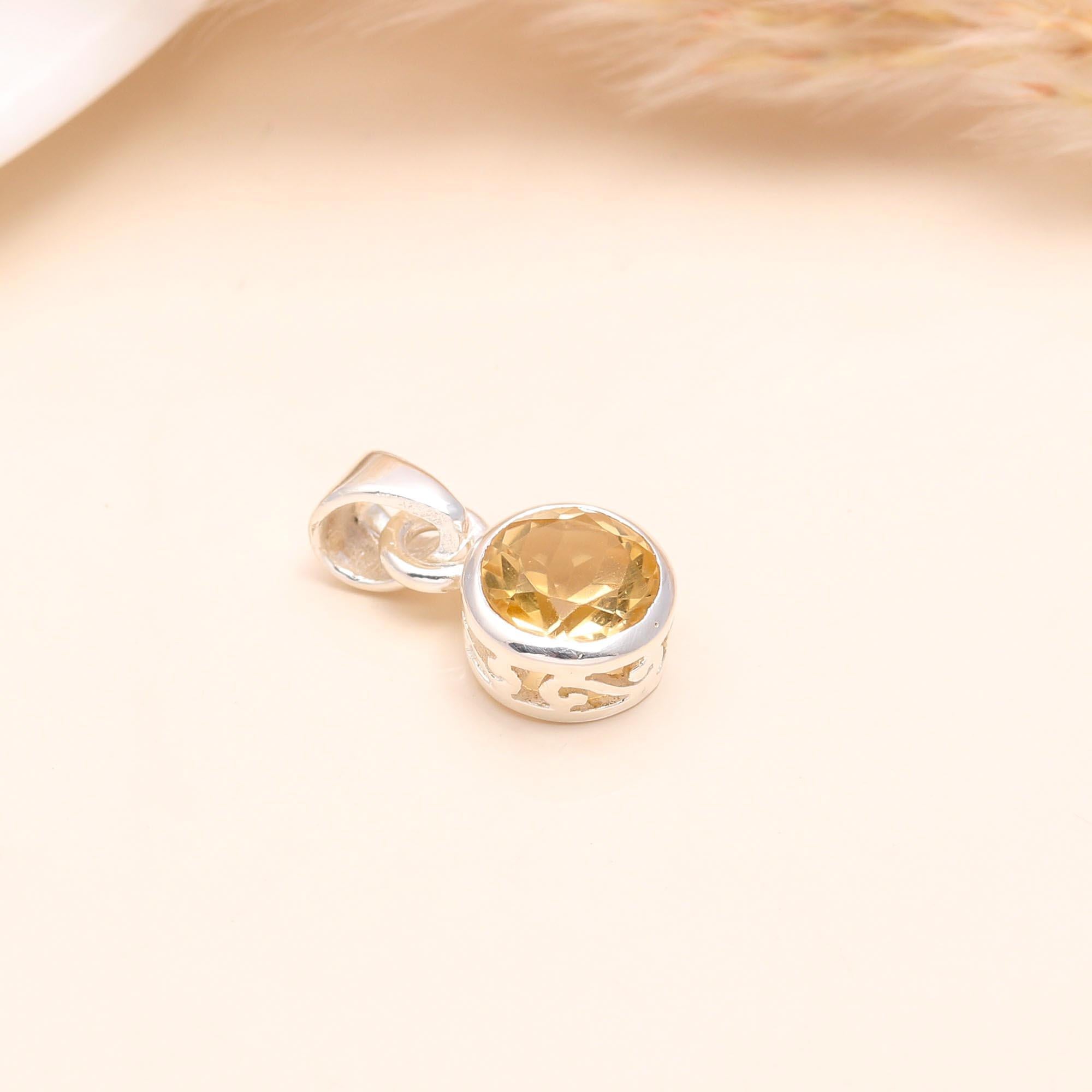 925 Sterling Silver Round Citrine Classic Minimalist Pendant