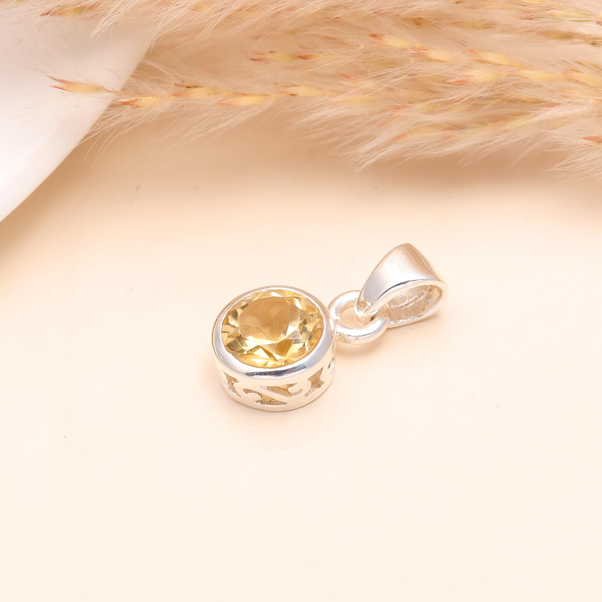 925 Sterling Silver Round Citrine Classic Minimalist Pendant