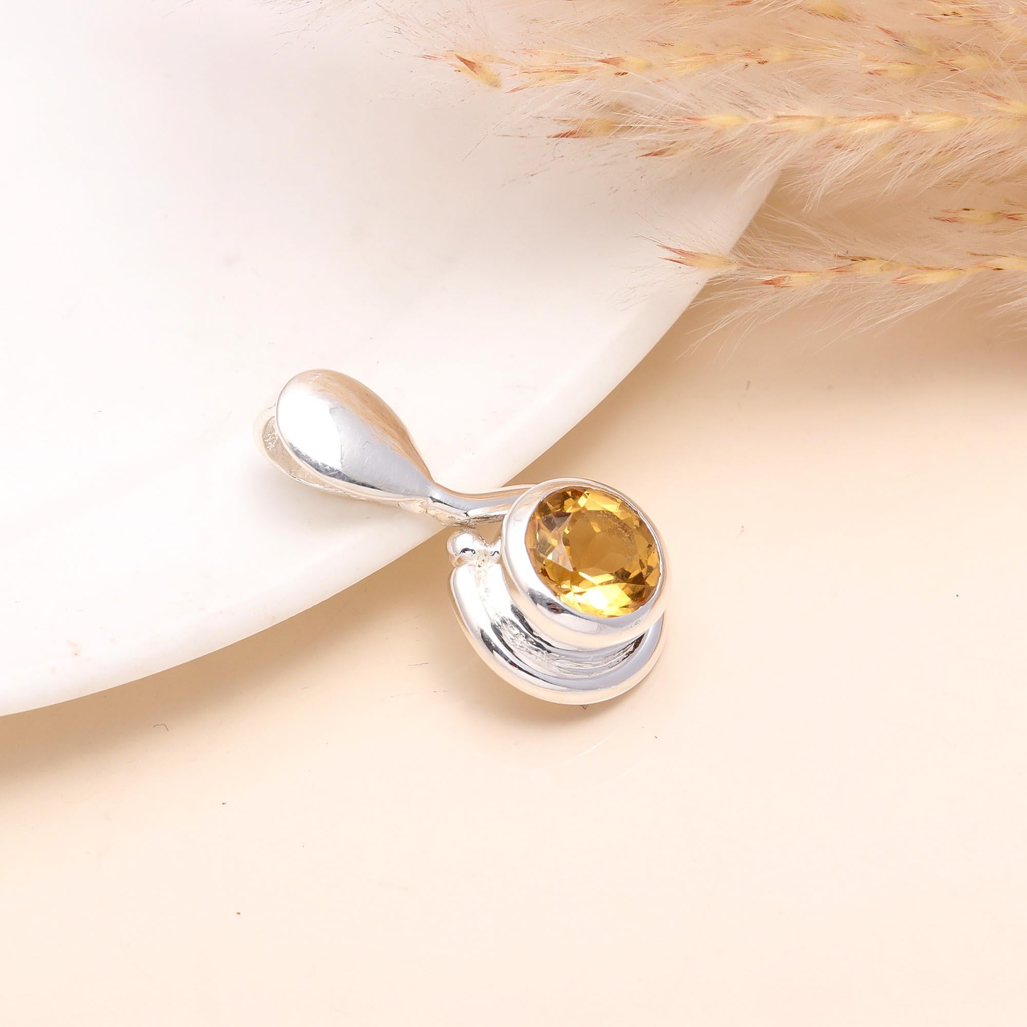 925 Sterling Silver Citrine Modern Teardrop Design Pendant