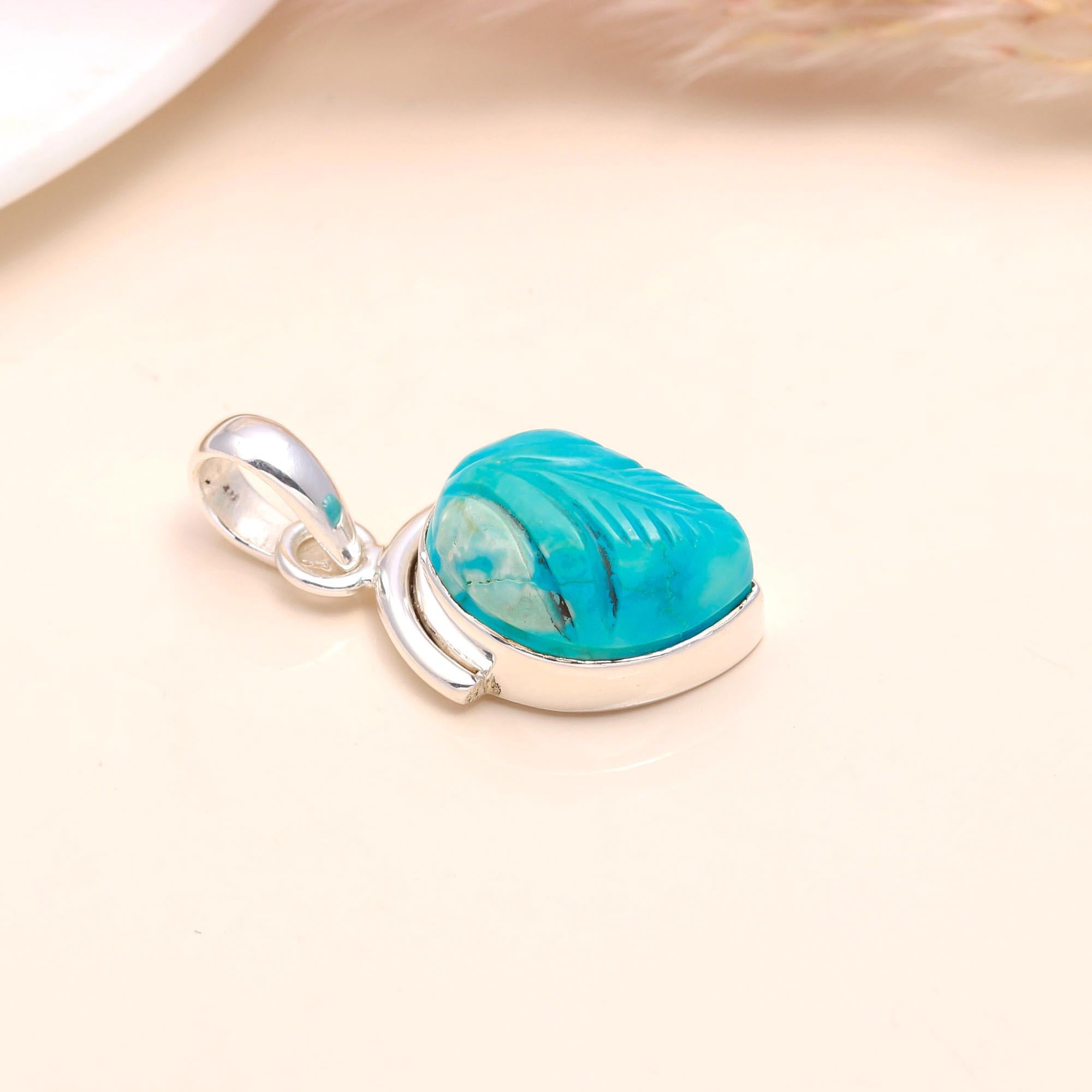 925 Sterling Silver Hand-Carved Turquoise Boho Pendant