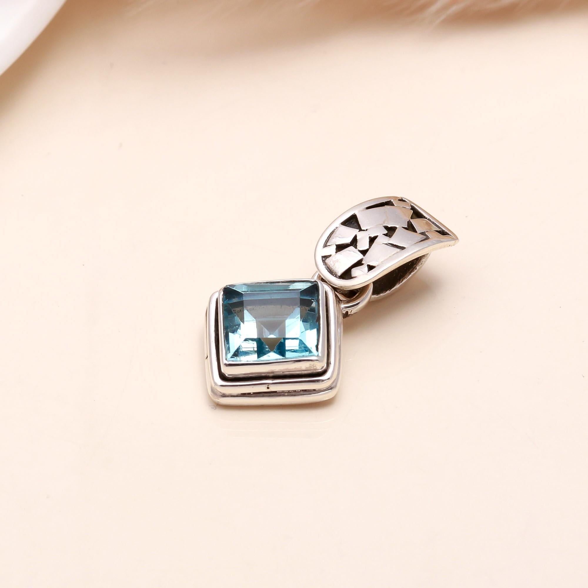 925 Sterling Silver Geometric Square Blue Topaz Pendant