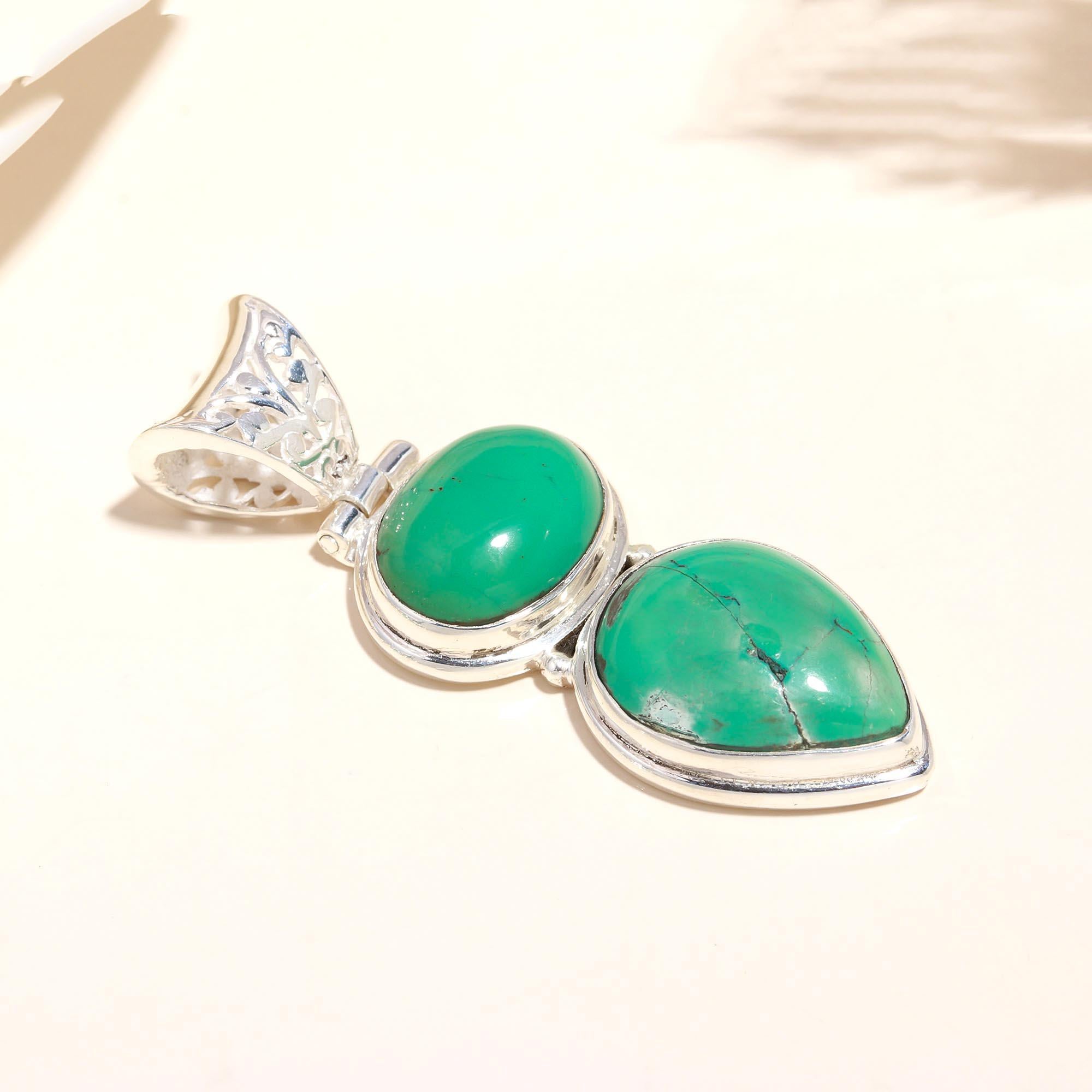 925 Sterling Silver Double Stone Green Turquoise Pendant