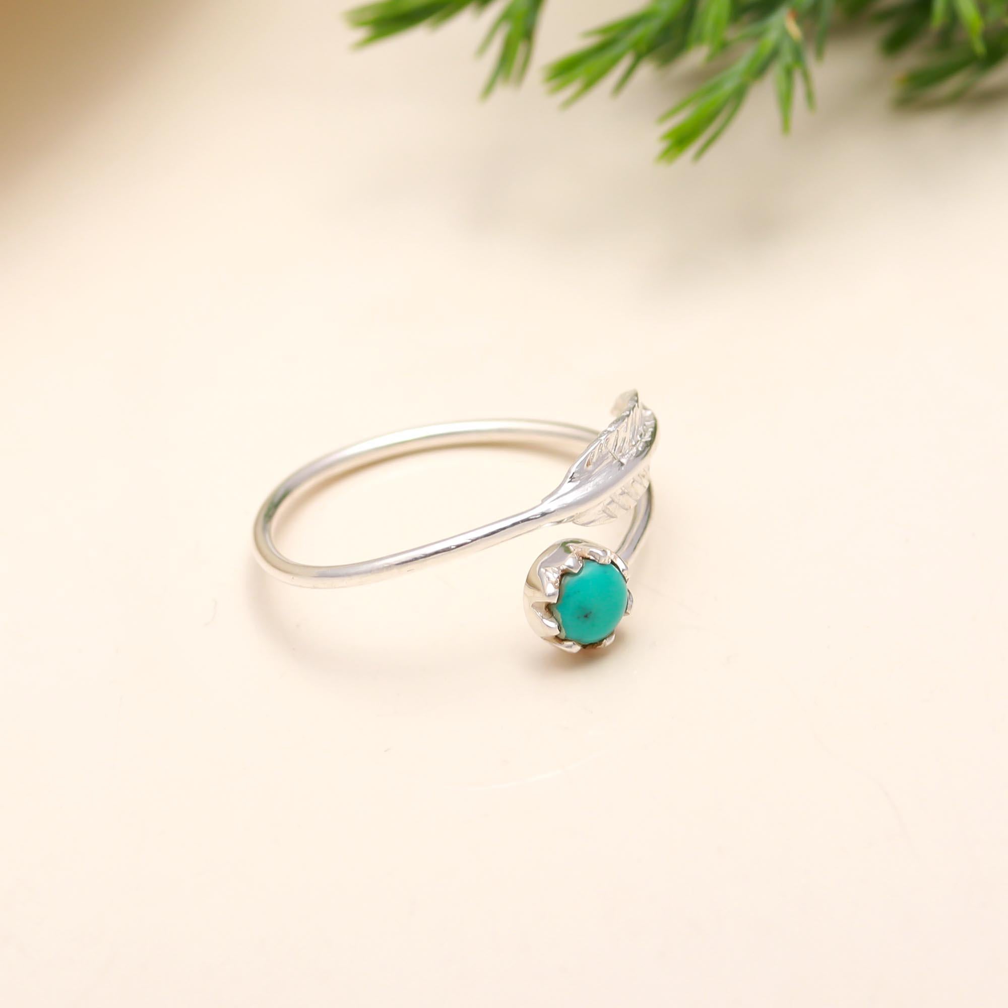 Solid 925 Silver Leaf Trees Natural Turquoise Ring