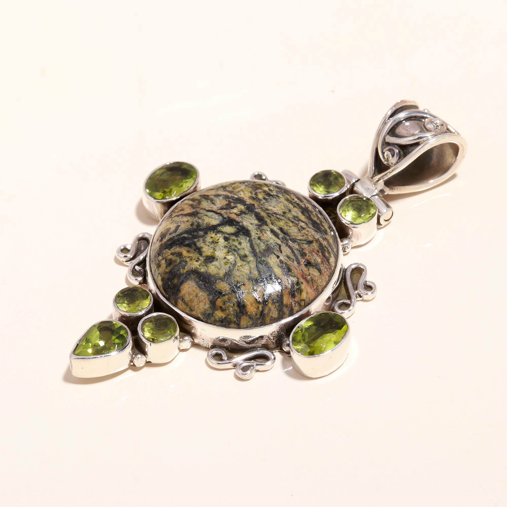 925 Sterling Silver Green Serpentine & Peridot Pendant