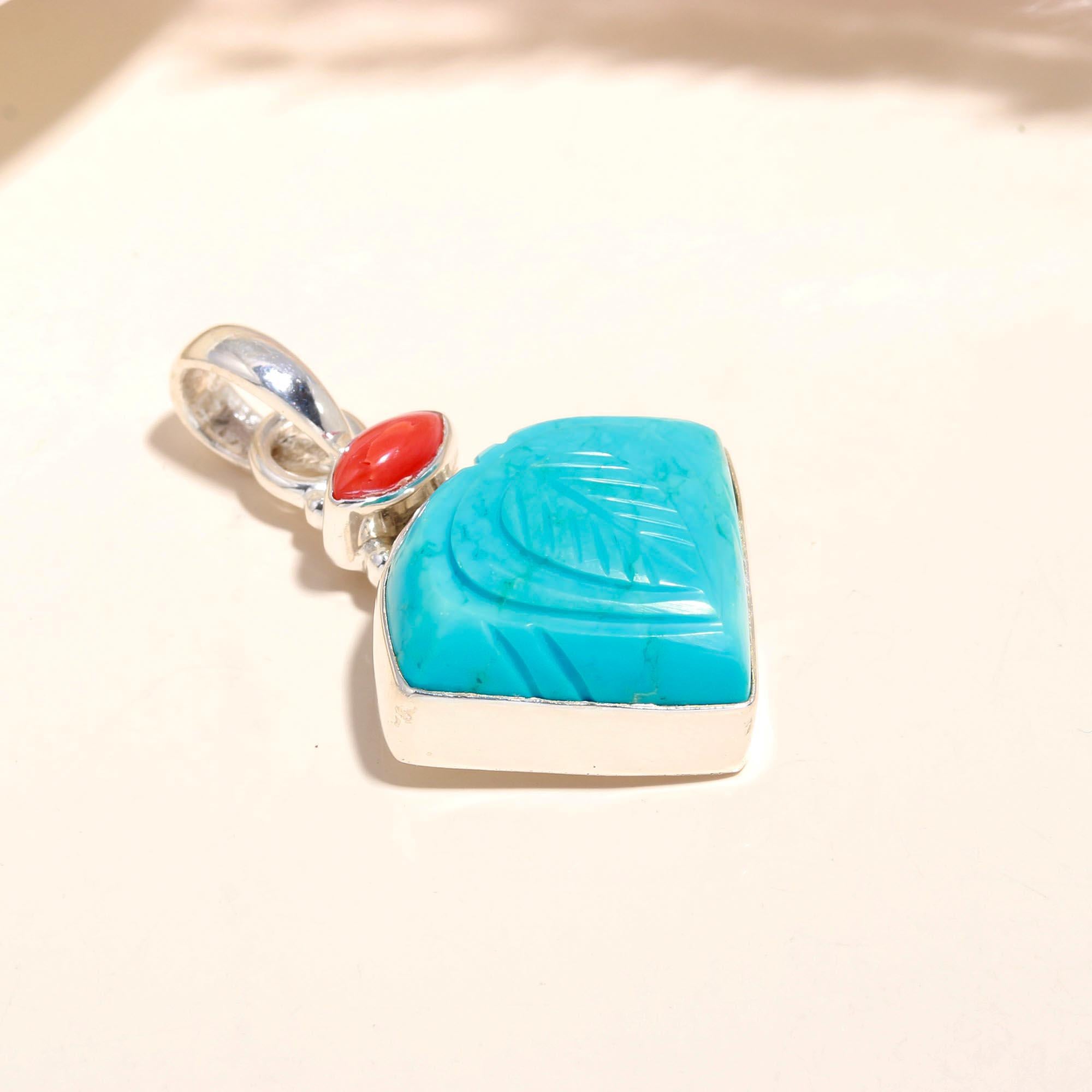 925 Sterling Silver Hand-Carved Turquoise & Coral Pendant
