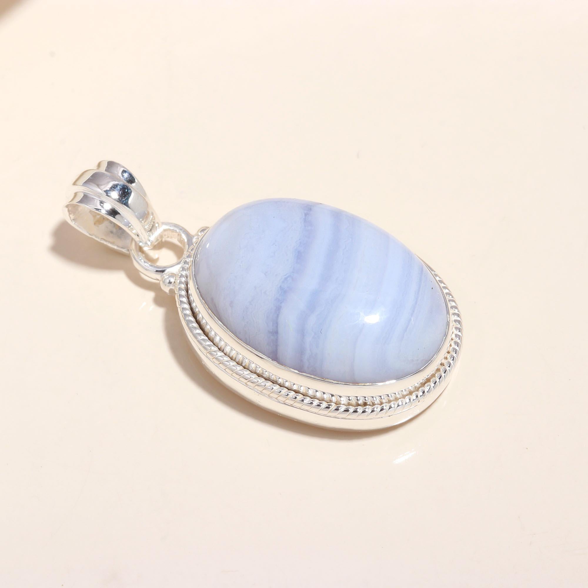 925 Sterling Silver Handmade Oval Blue Lace Agate Pendant