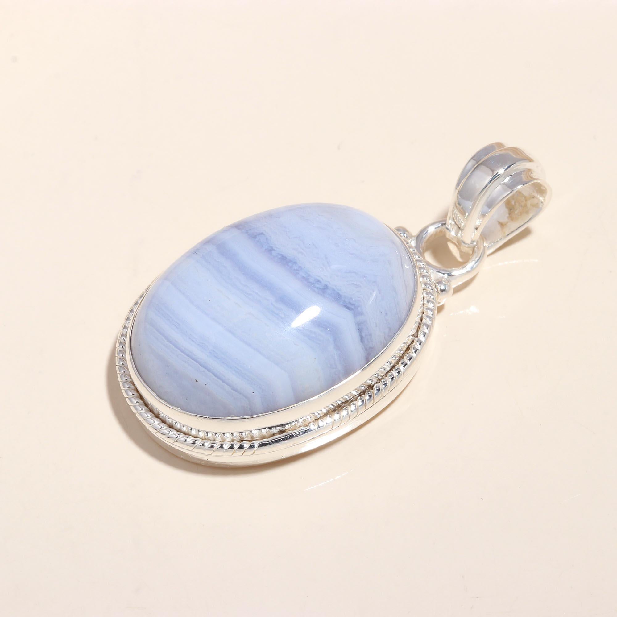 925 Sterling Silver Handmade Oval Blue Lace Agate Pendant