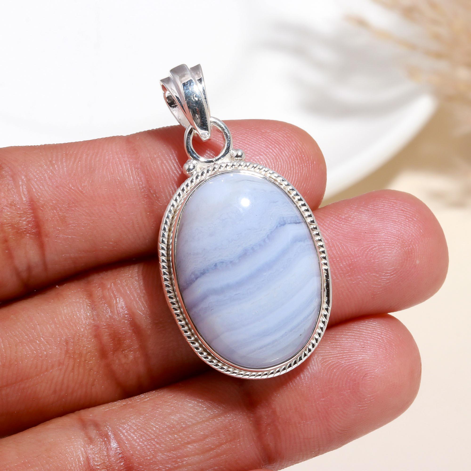 925 Sterling Silver Handmade Oval Blue Lace Agate Pendant