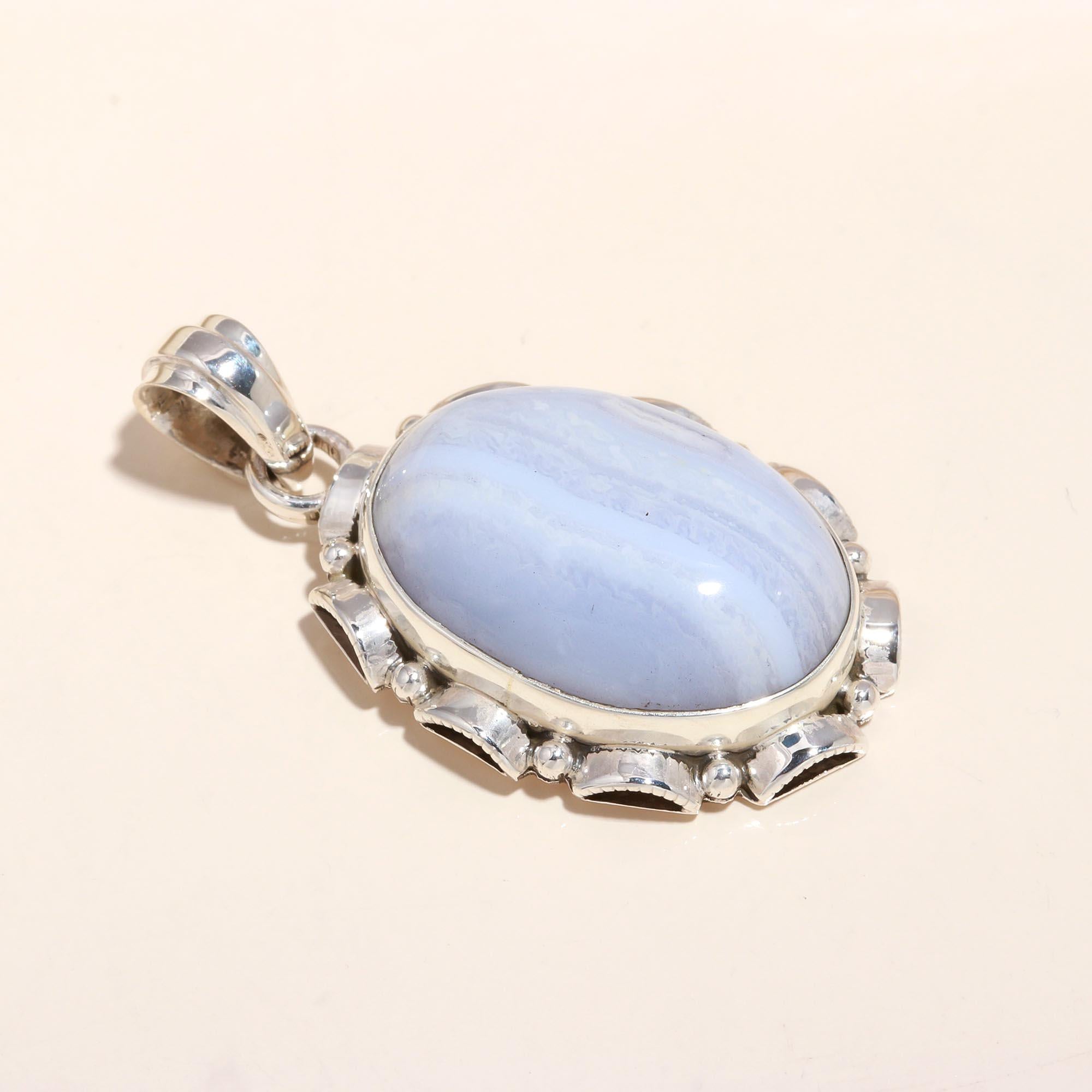 925 Sterling Silver Oval Blue Lace Agate Statement Pendant