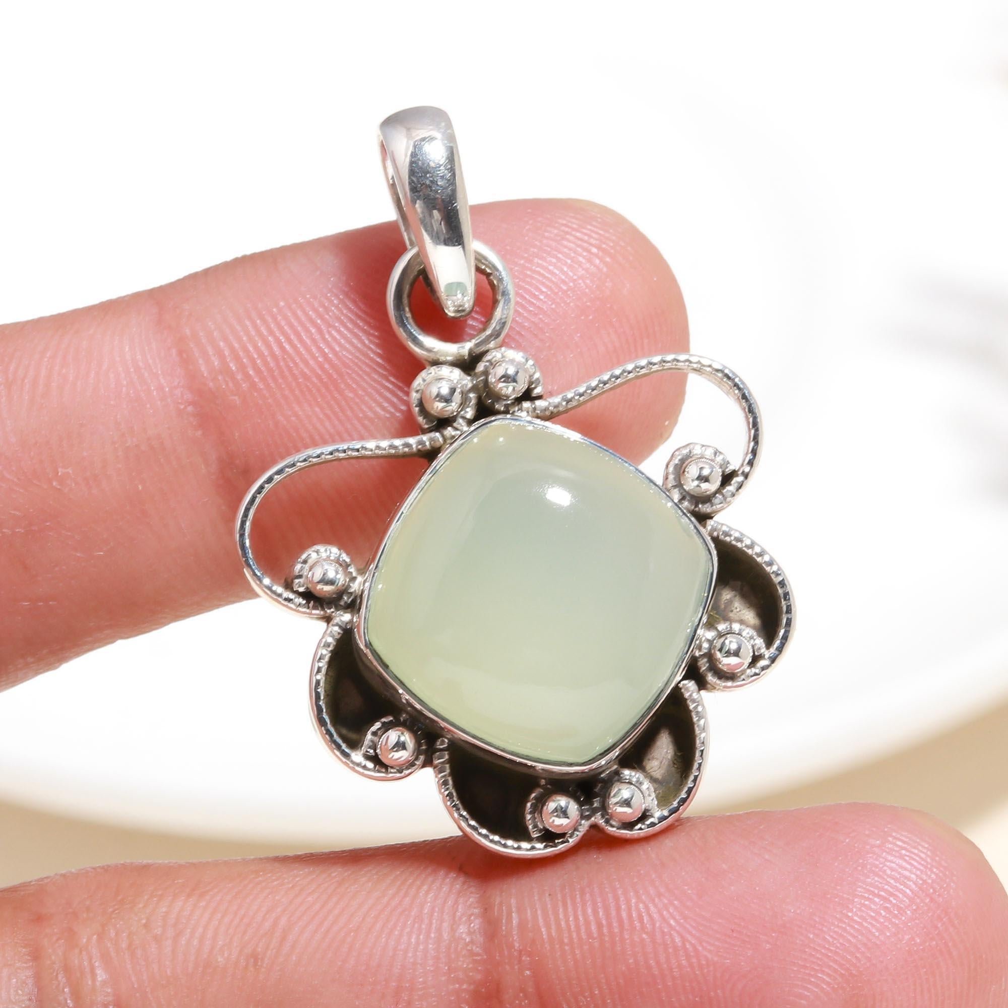 925 Sterling Silver Handmade Green Chalcedony Vintage Filigree Boho Pendant