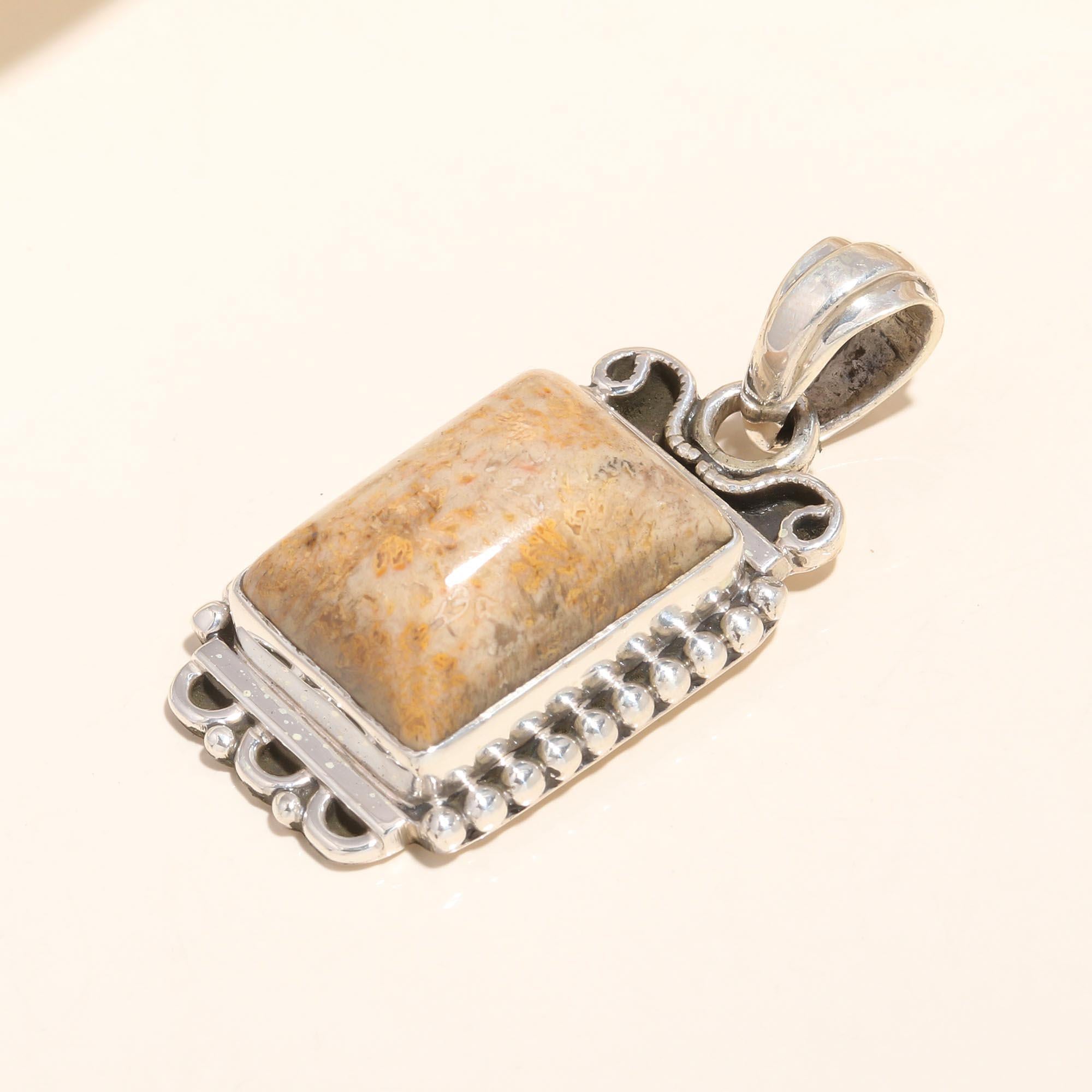 925 Sterling Silver Handmade Rectangle Gemstone Fossil Coral Pendant