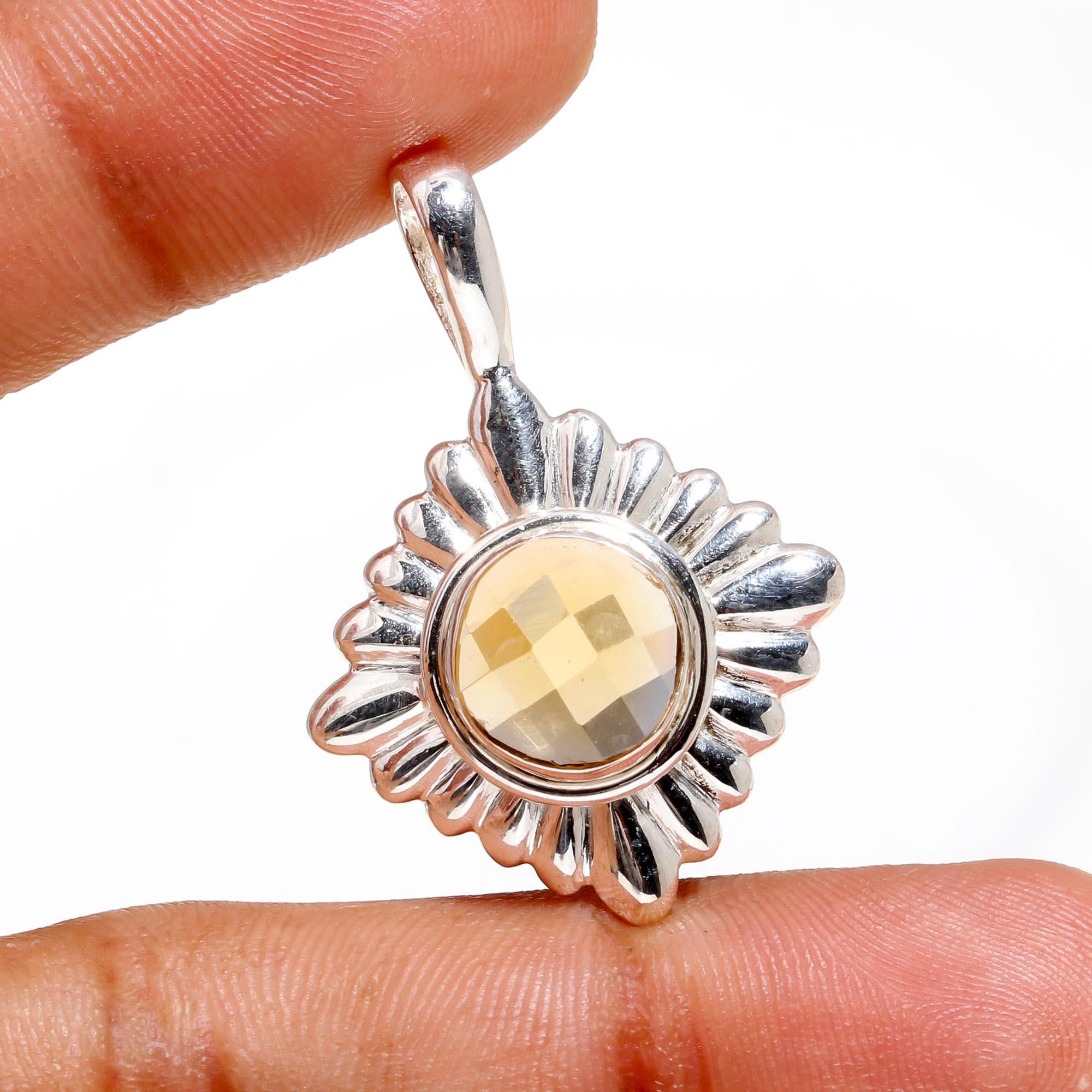 925 Sterling Silver Natural Citrine Sunburst Design Pendant