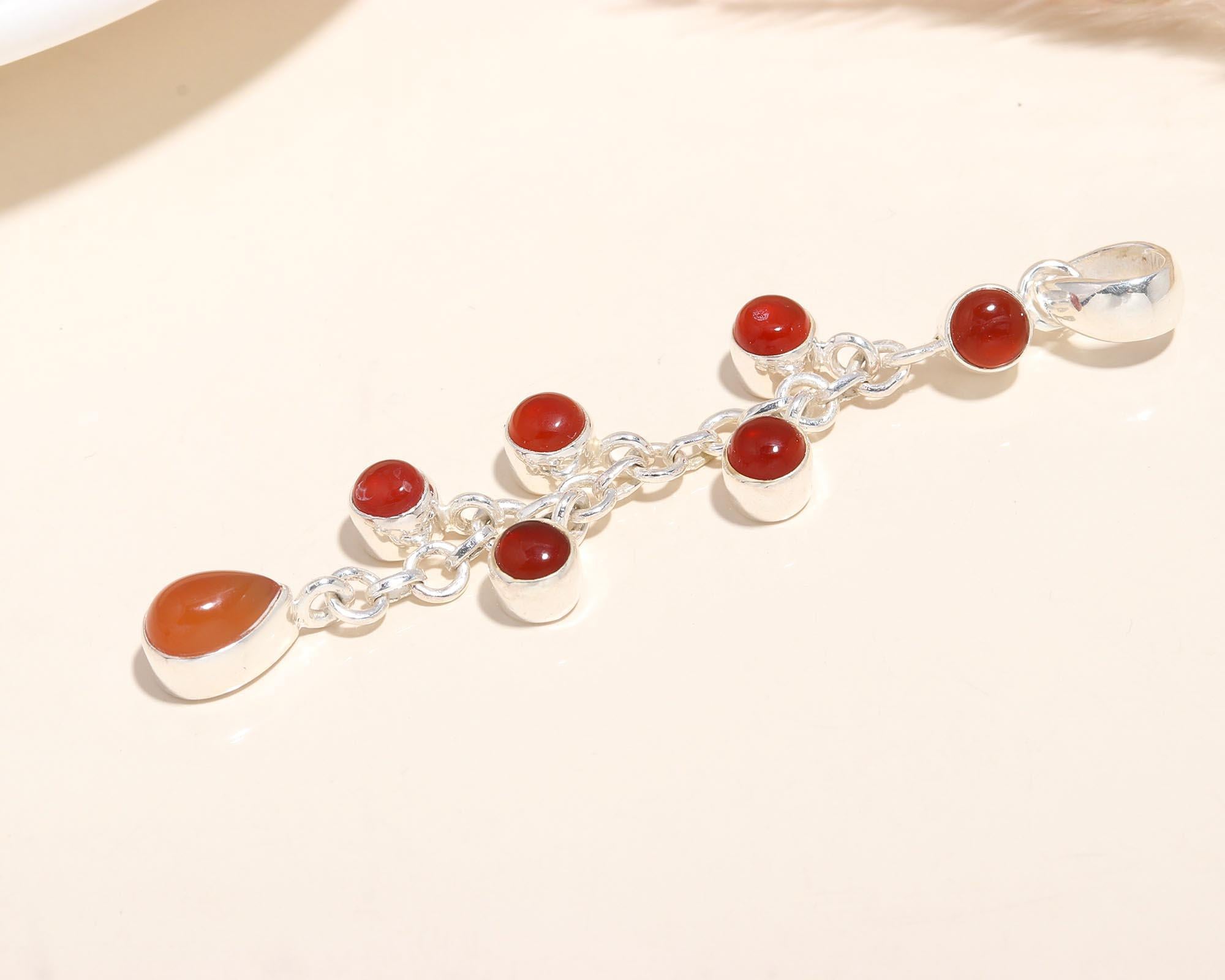 925 Sterling Silver Unique Multi-Stone Red Carnelian Dangle Pendant