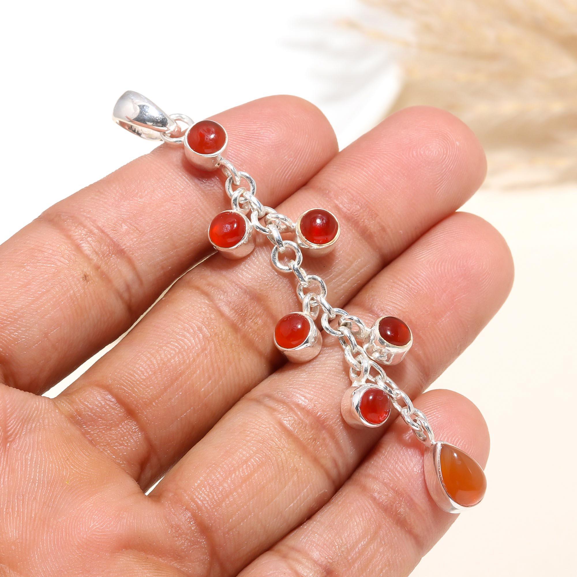 925 Sterling Silver Unique Multi-Stone Red Carnelian Dangle Pendant