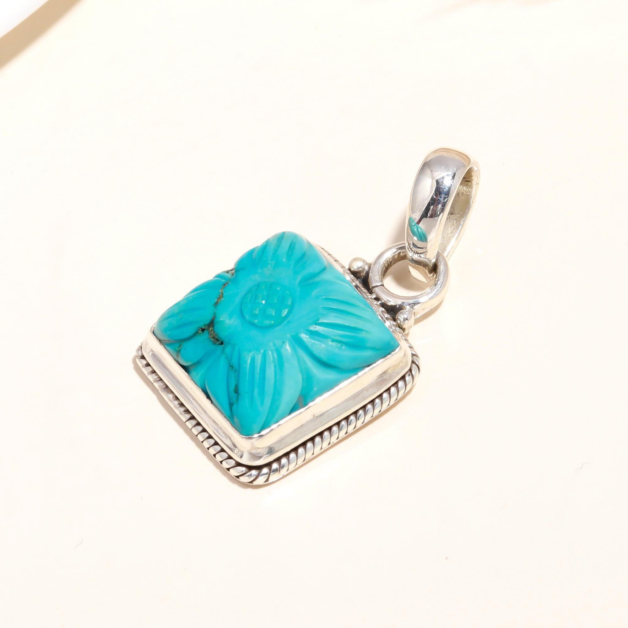 925 Sterling Silver Floral-Inspired Design Carved Turquoise Pendant