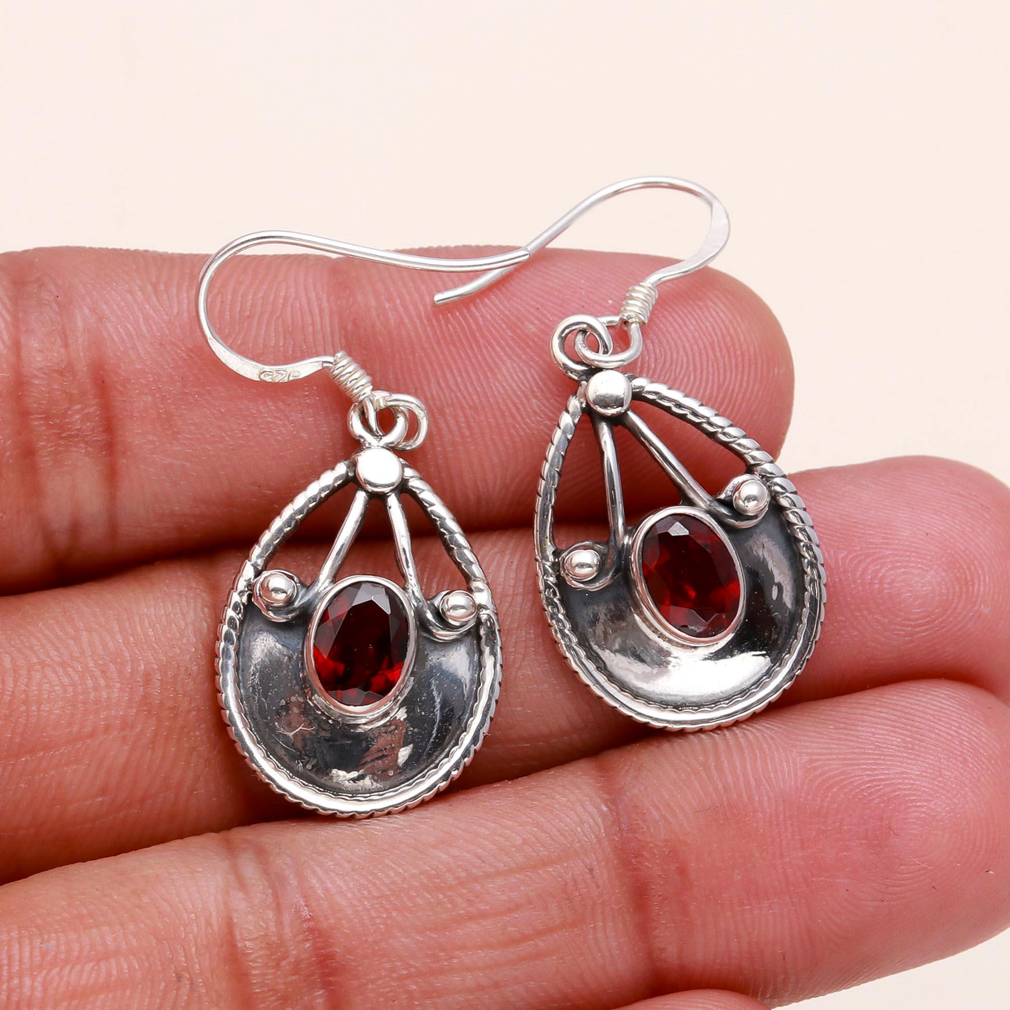 925 Sterling Silver Garnet Teardrop Dangle Handmade Boho Earrings