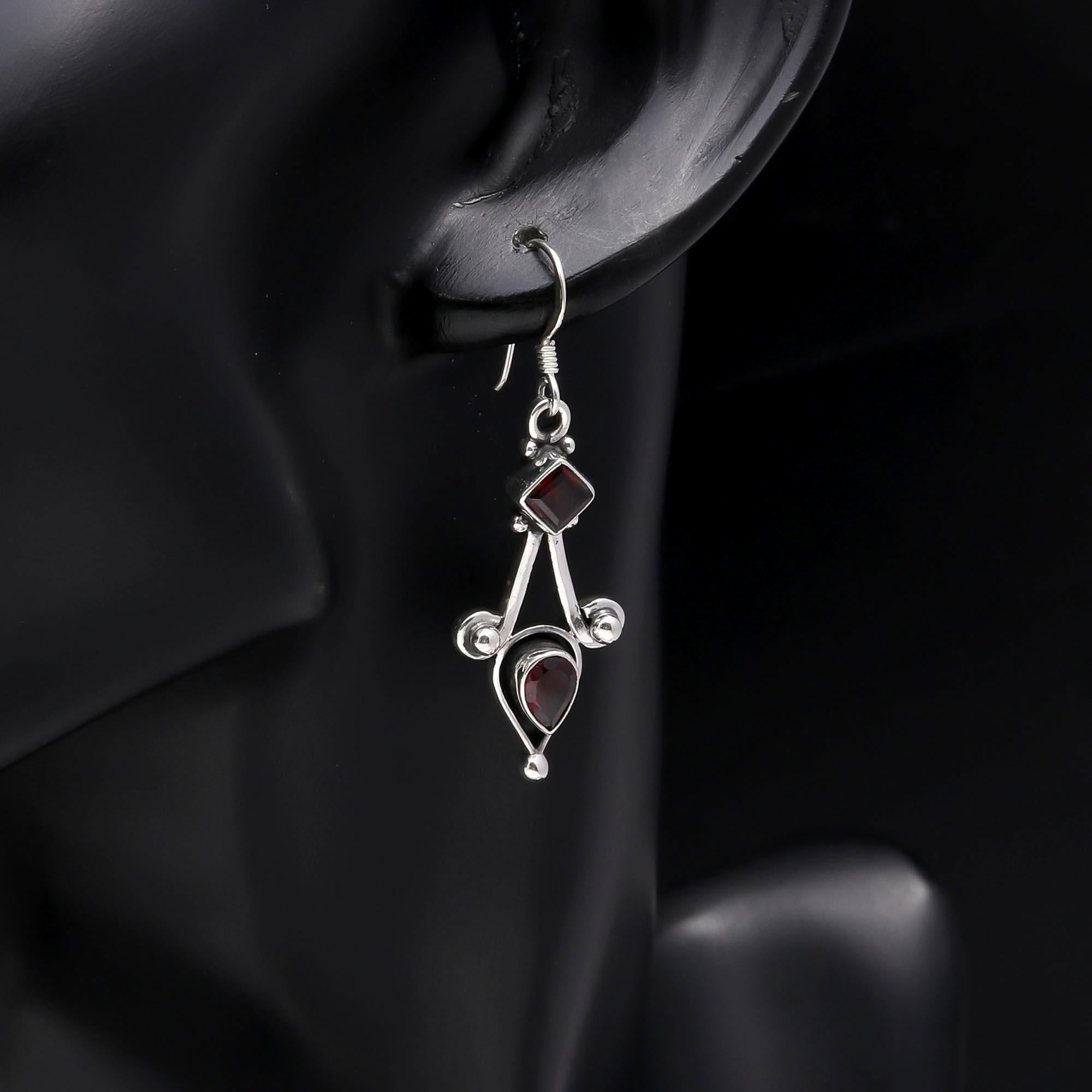925 Sterling Silver Garnet Handmade Dangle Earrings