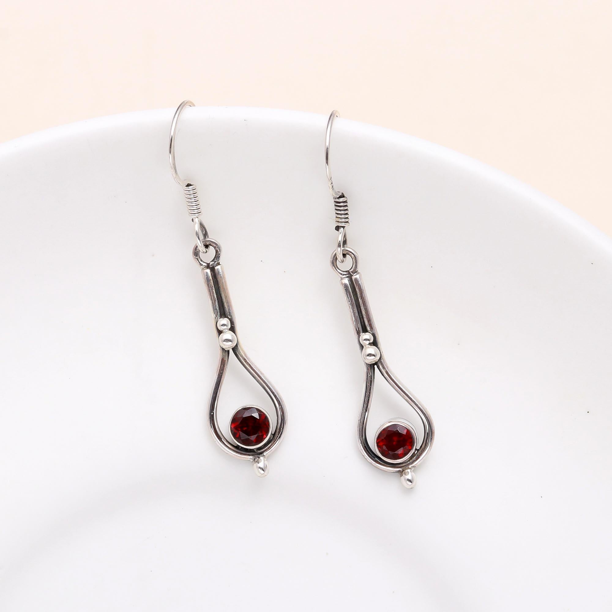 925 Sterling Silver Handmade Garnet Drop Earrings
