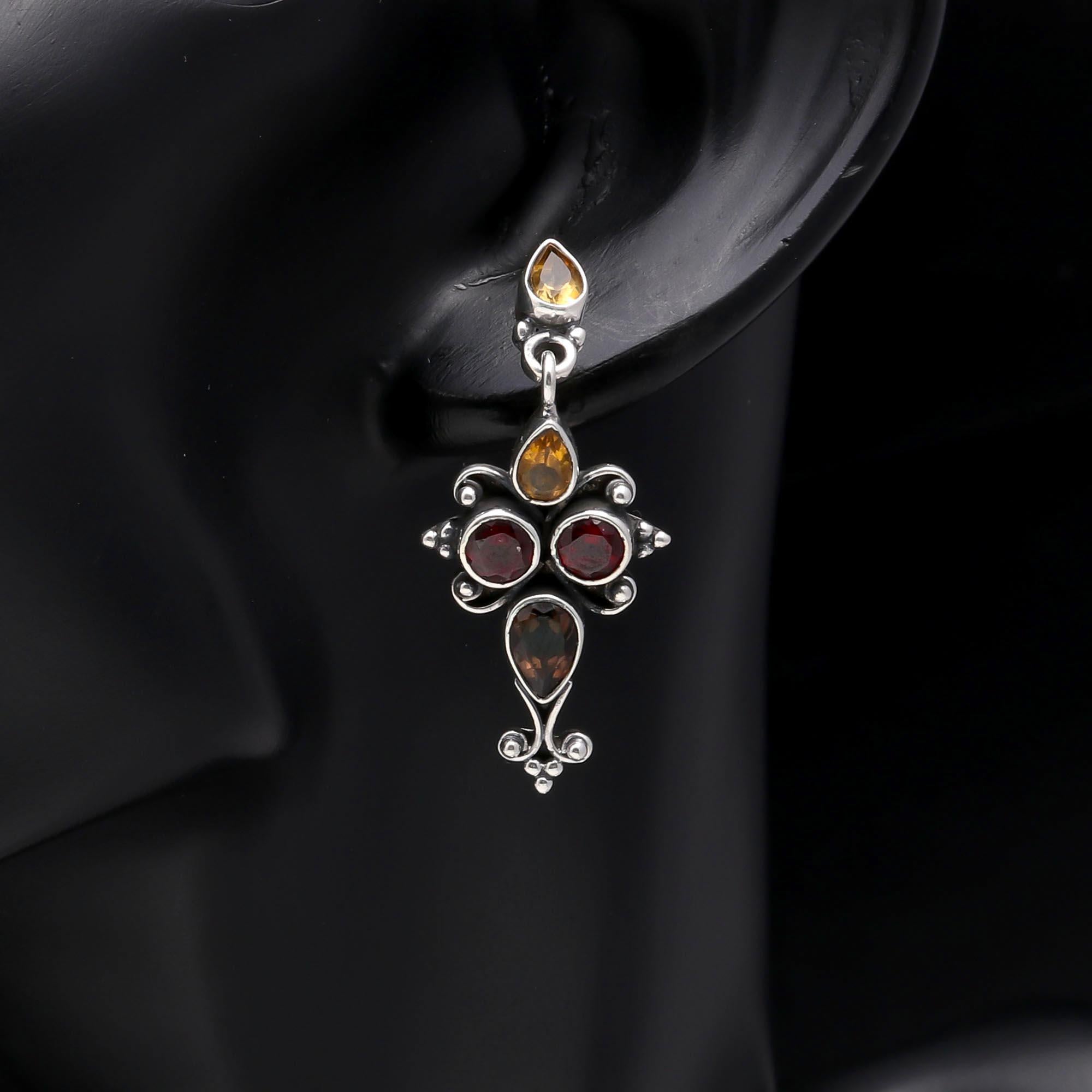 925 Sterling Silver Vintage Garnet & Citrine Dangle Earrings