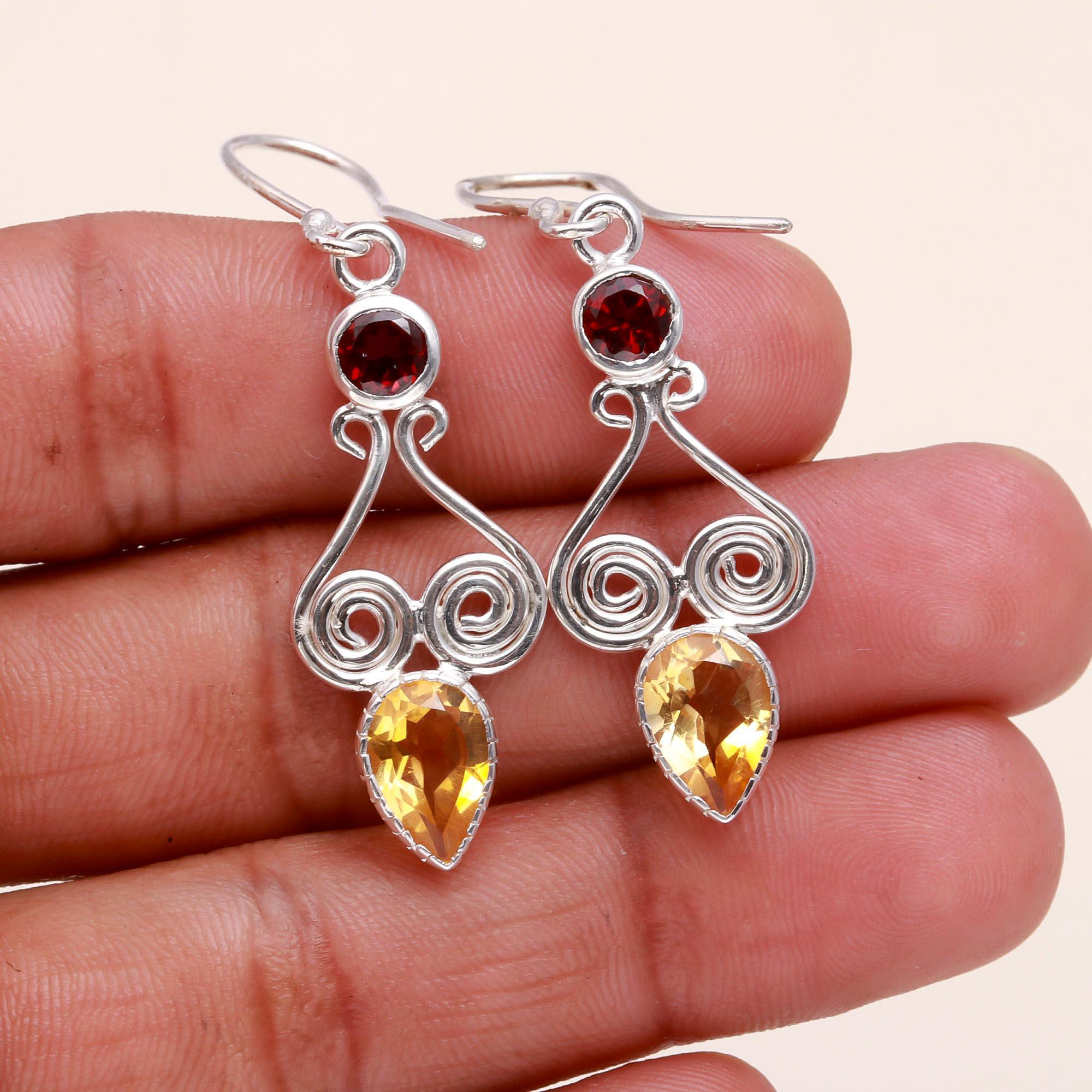 925 Sterling Silver Garnet & Citrine Vintage Filigree Dangle Earrings