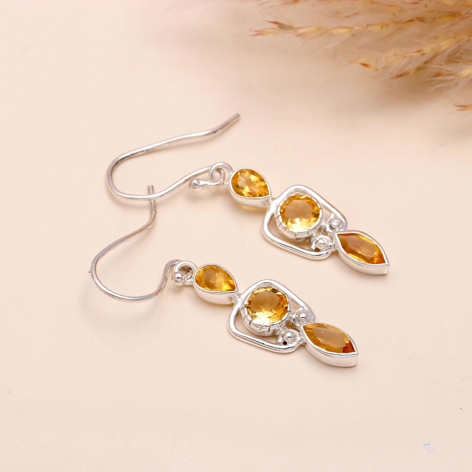 925 Sterling Silver Citrine Unique Dangle Earrings