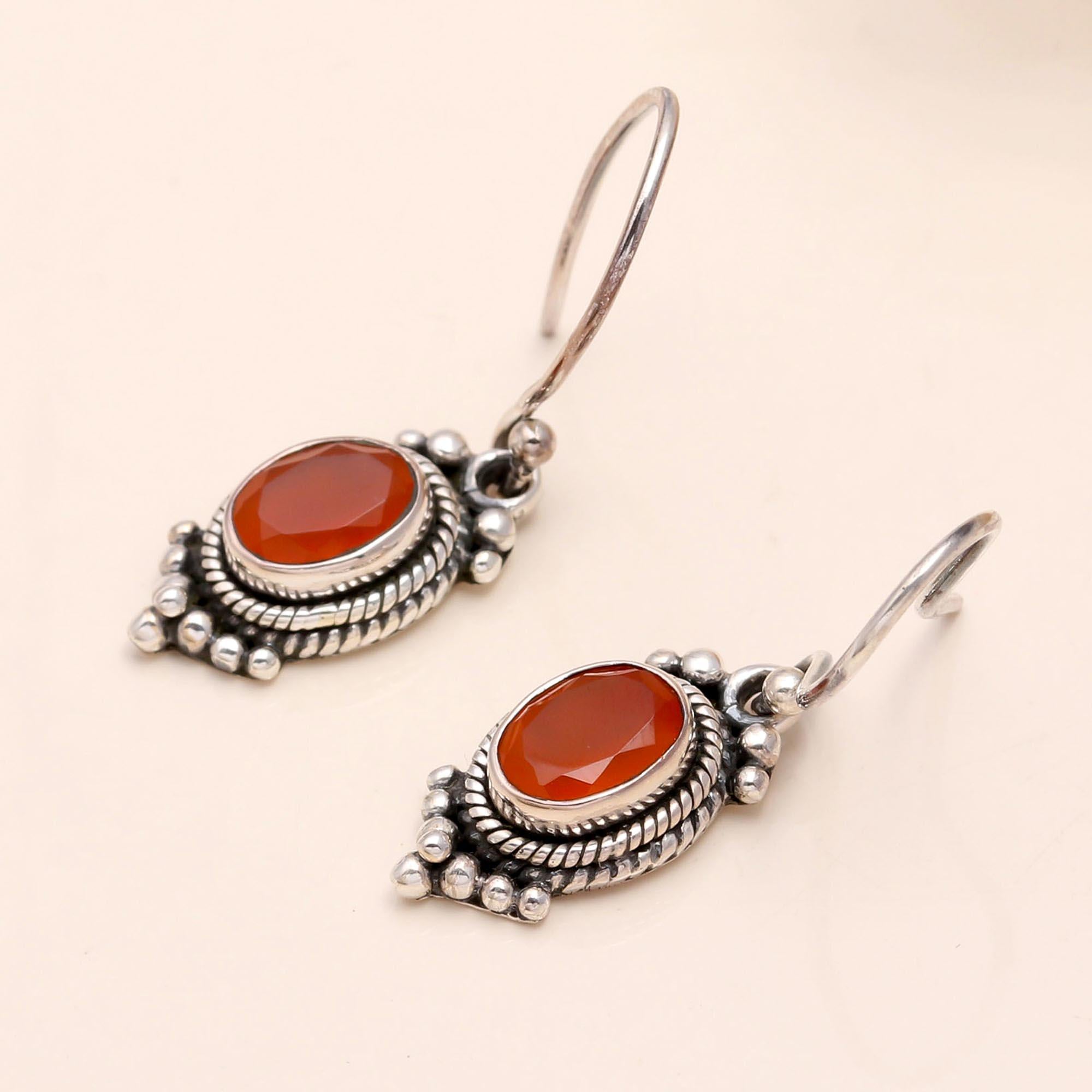 925 Sterling Silver Vintage Orange Carnelian Dangle Earrings