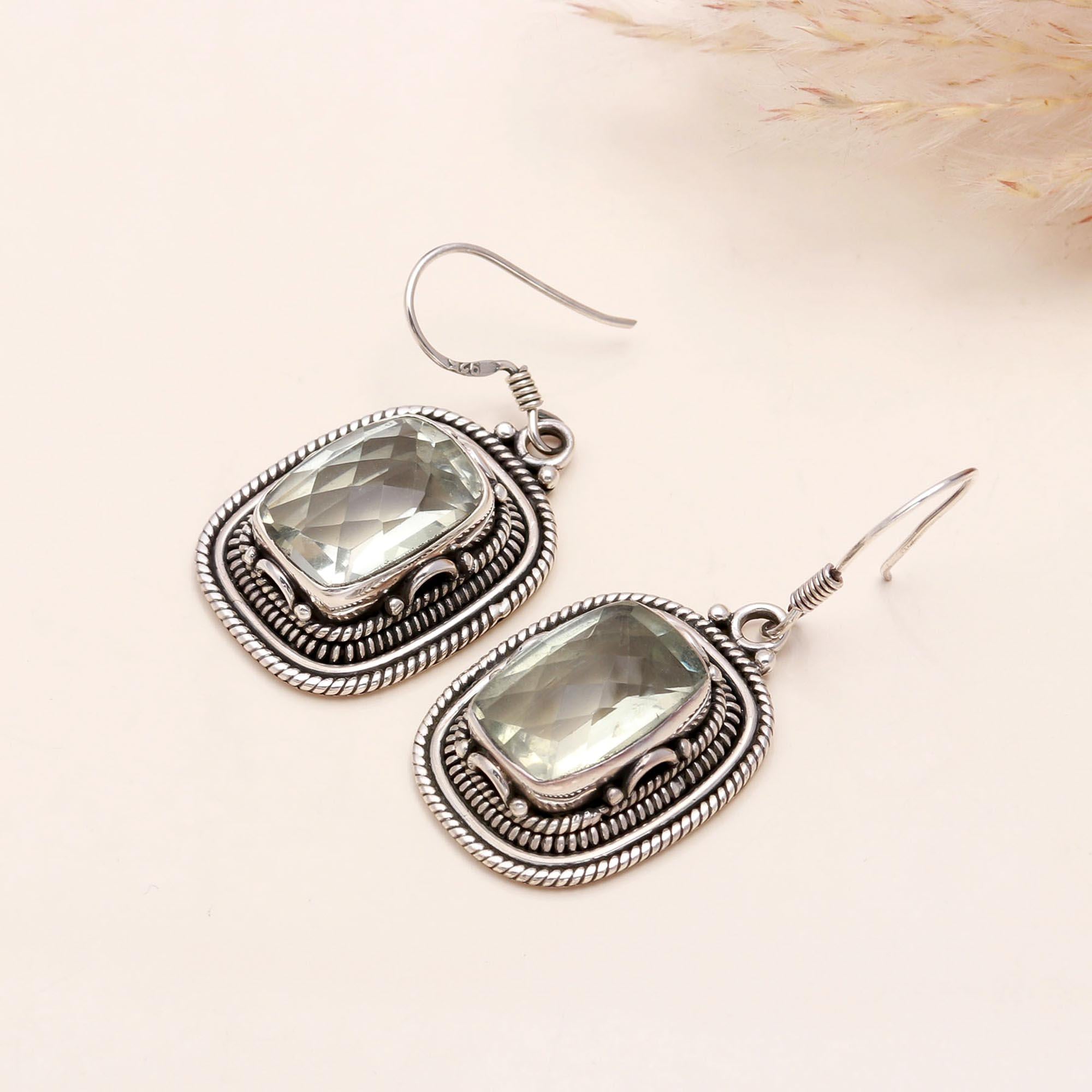 925 Sterling Silver Faceted Green Amethyst Drop Earrings