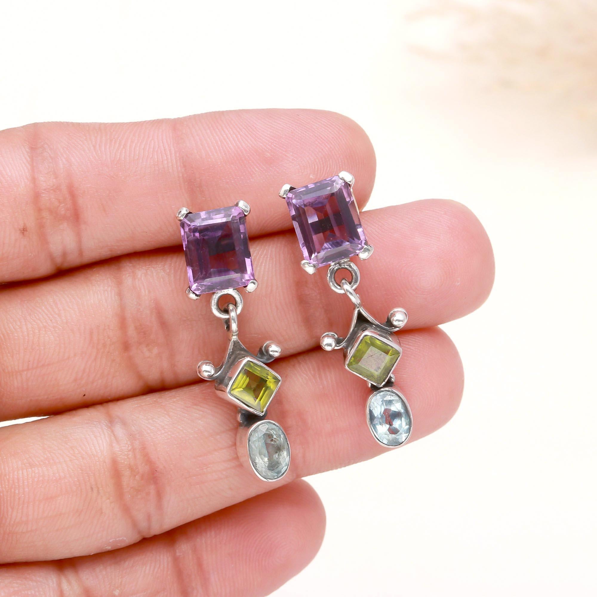 925 Sterling Silver Amethyst, Peridot & Blue Topaz Studs Earrings
