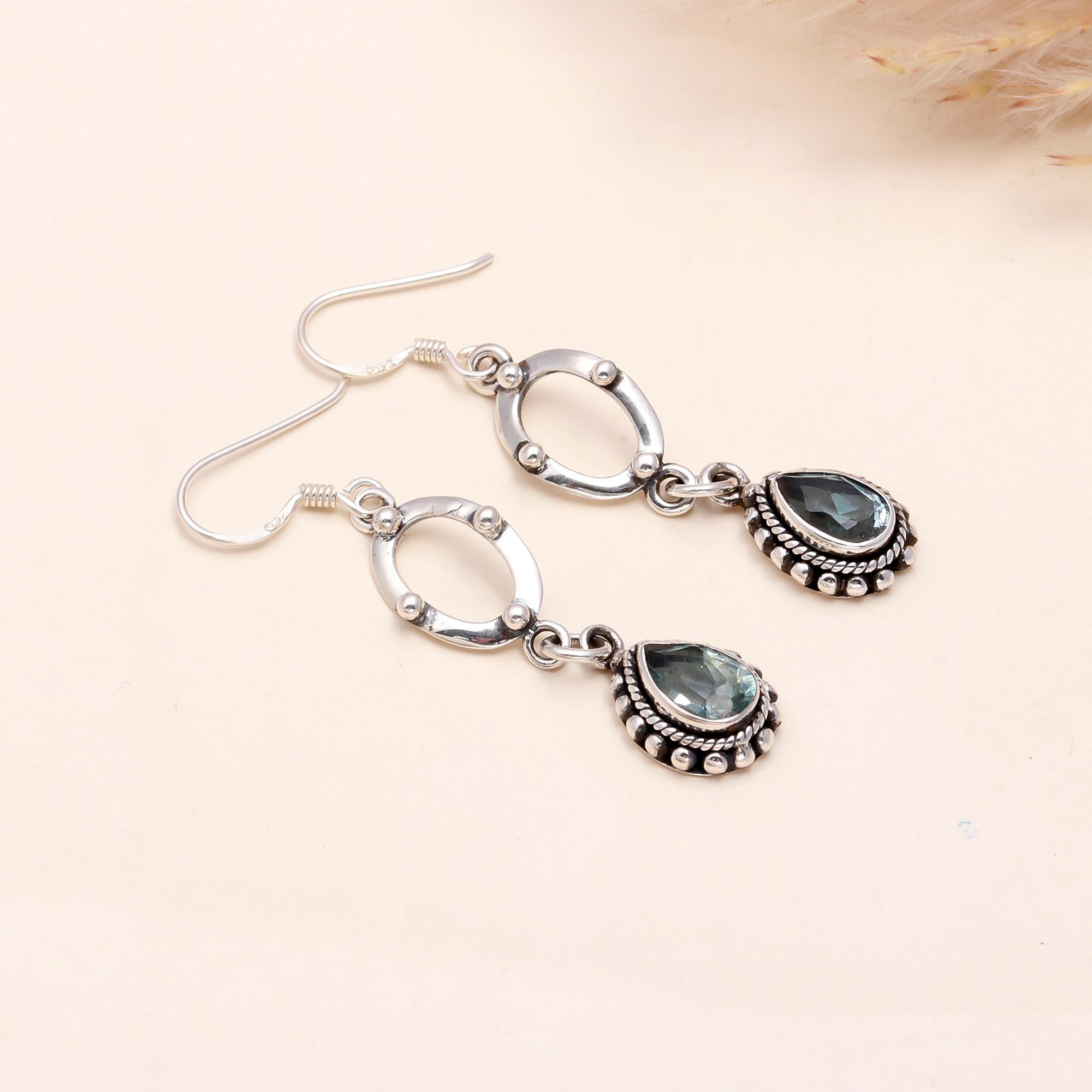 925 Sterling Silver Vintage Blue Topaz Teardrop Dangle Earrings