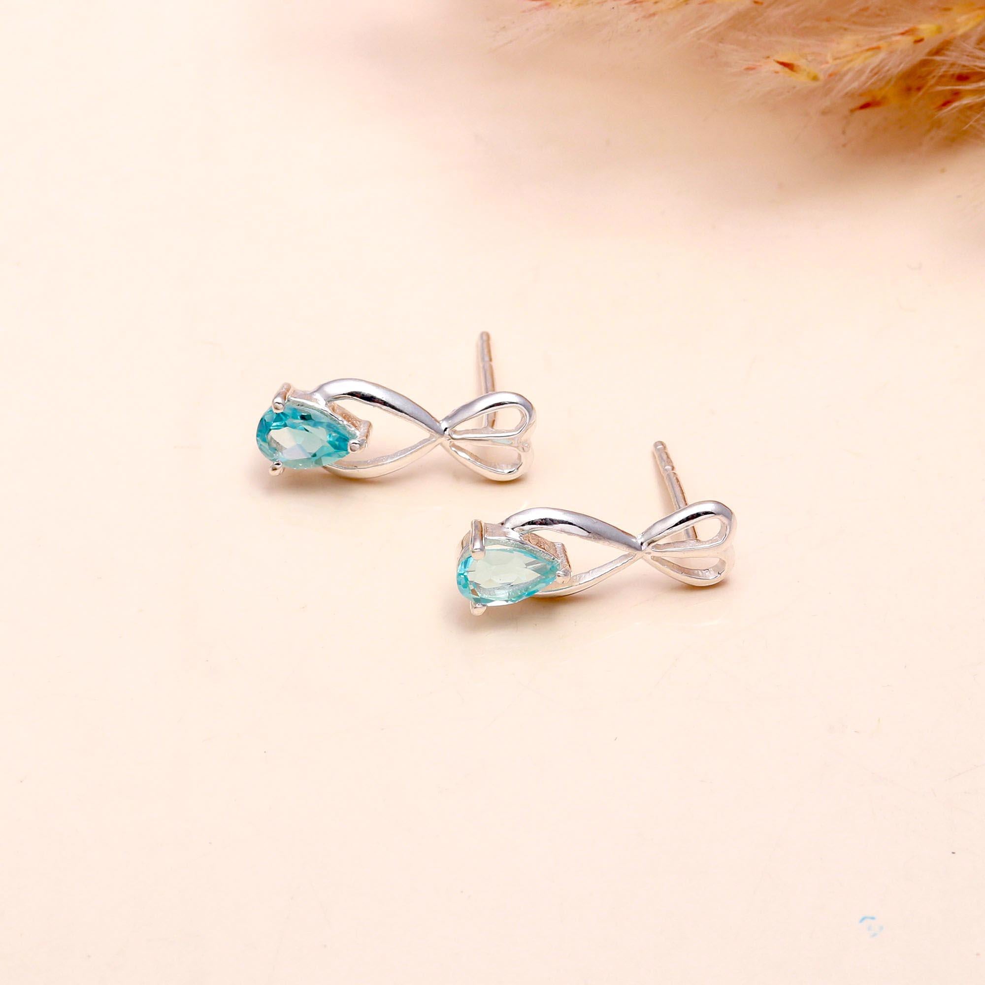 925 Sterling Silver Infinity Knot Aquamarine Studs Earrings