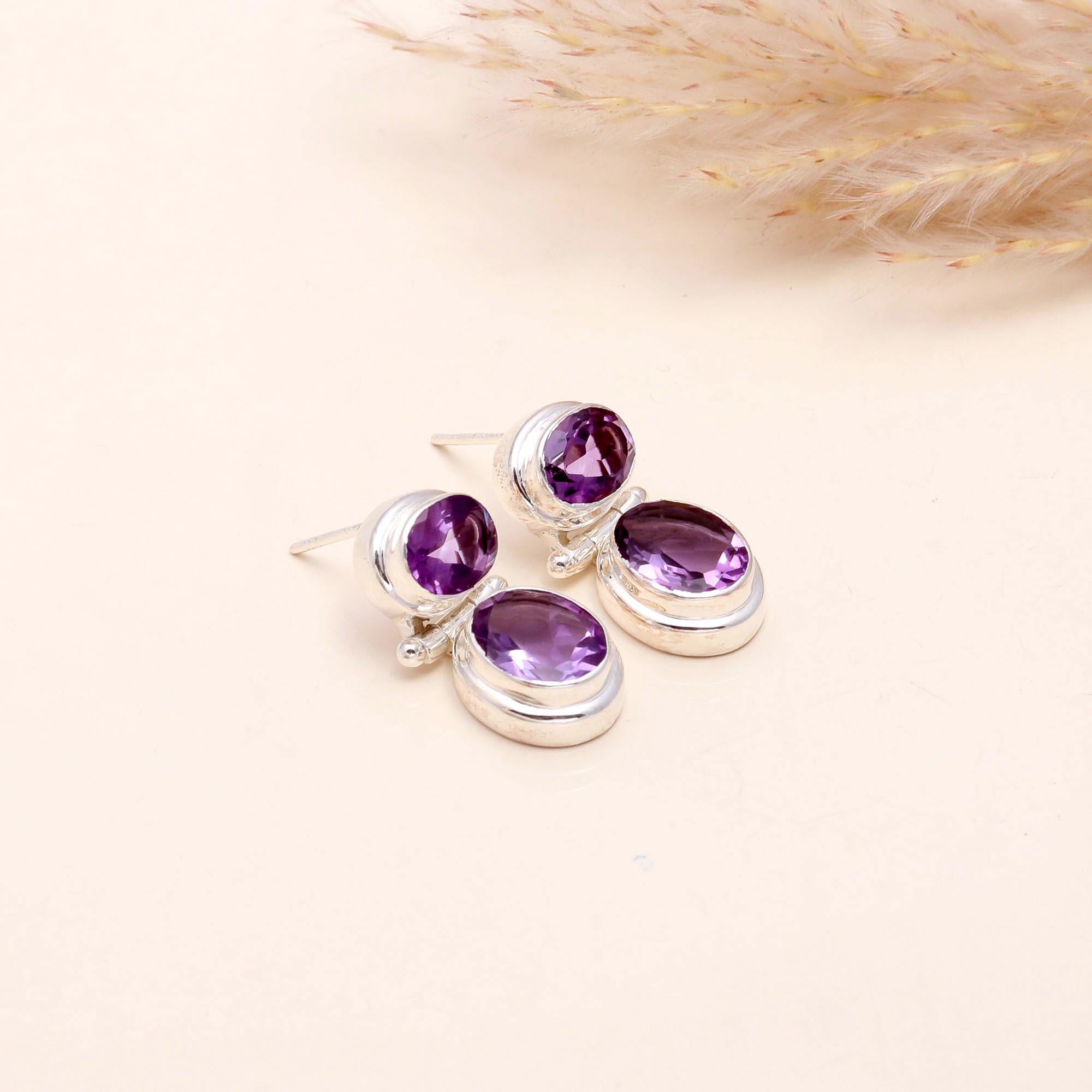 925 Sterling Silver Double Oval Amethyst Stud Earrings