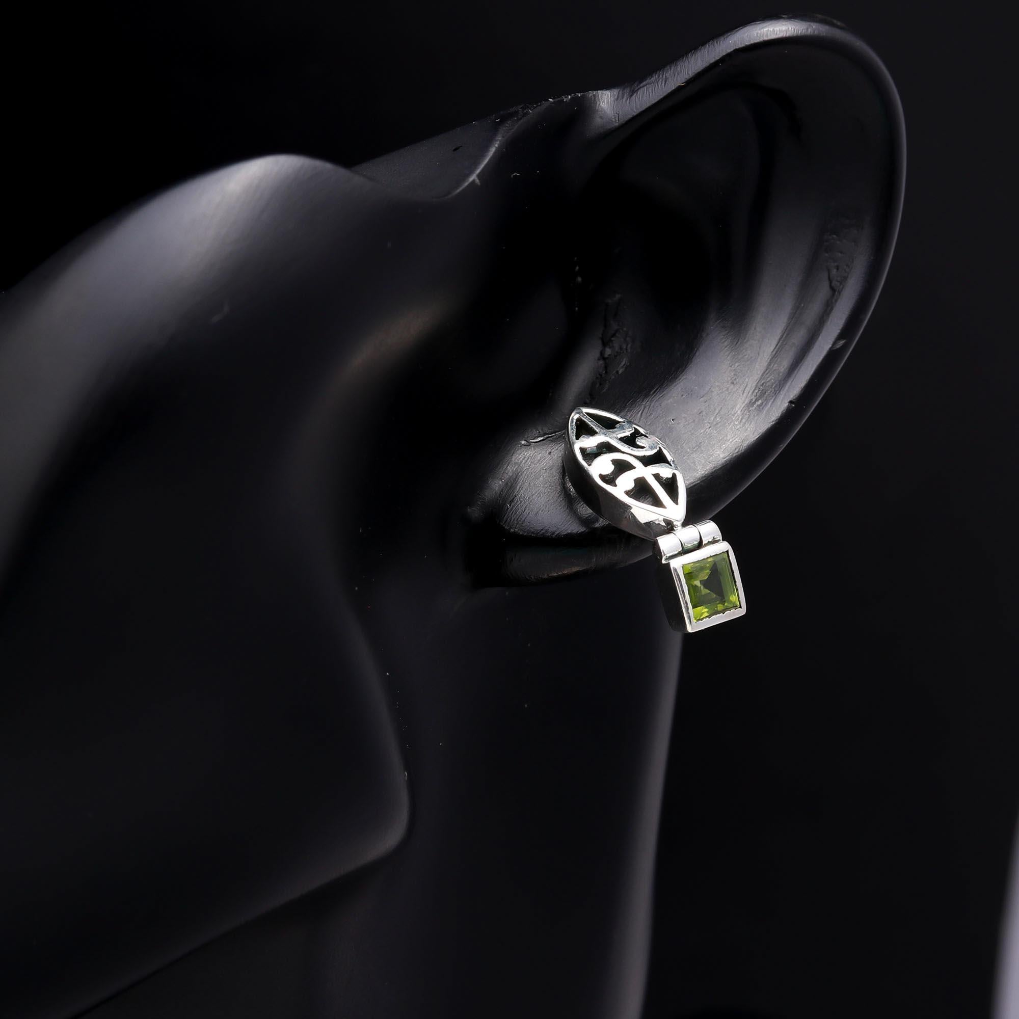 925 Sterling Silver Square Cut Peridot Dangle Earrings
