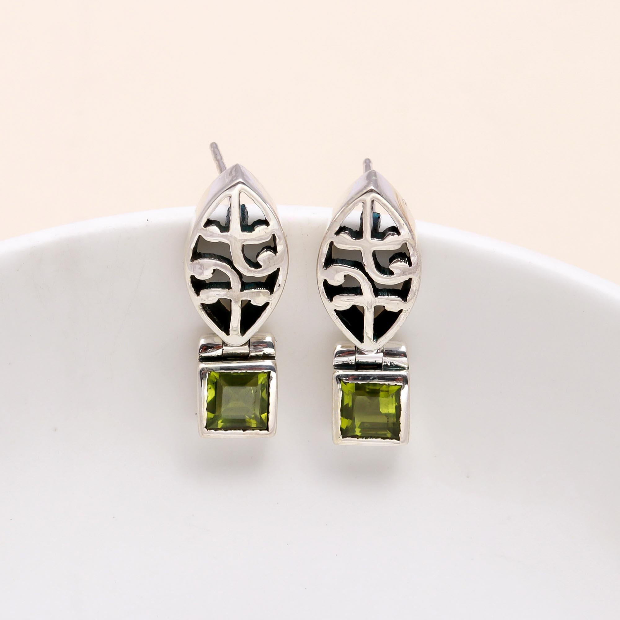 925 Sterling Silver Square Cut Peridot Dangle Earrings