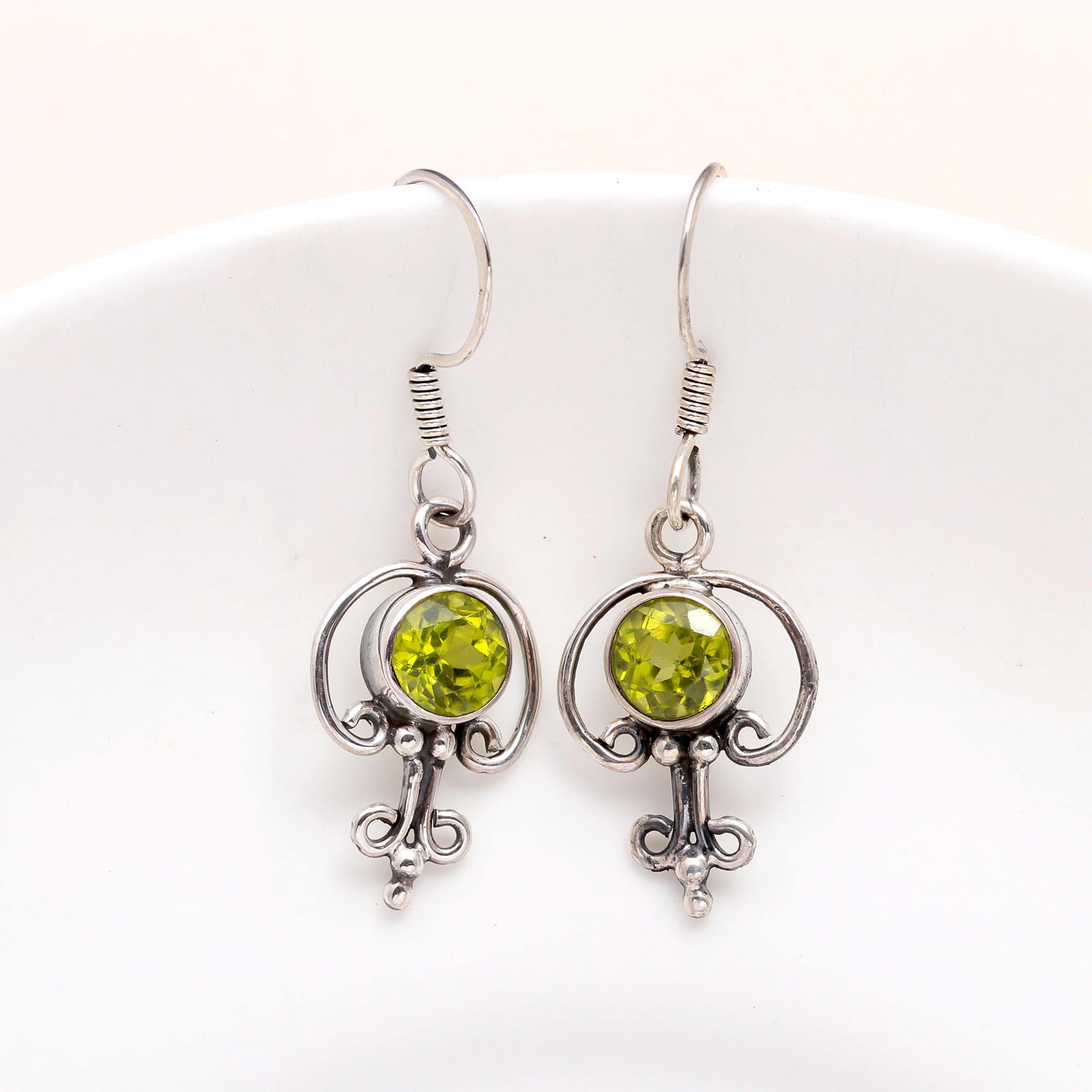 925 Sterling Silver Peridot Victorian Filigree Dangle Earrings