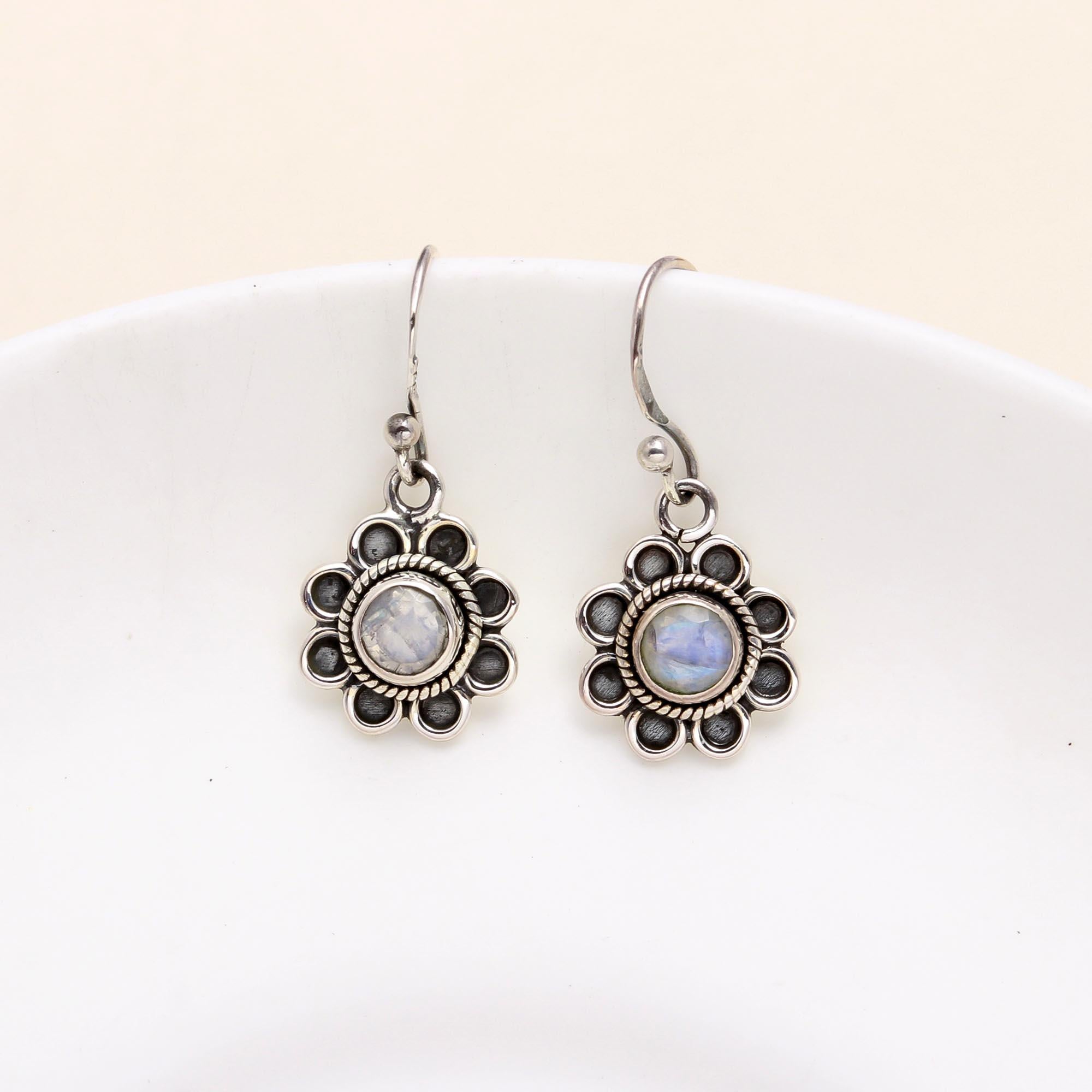 925 Sterling Silver Moonstone Floral Dangle Earrings