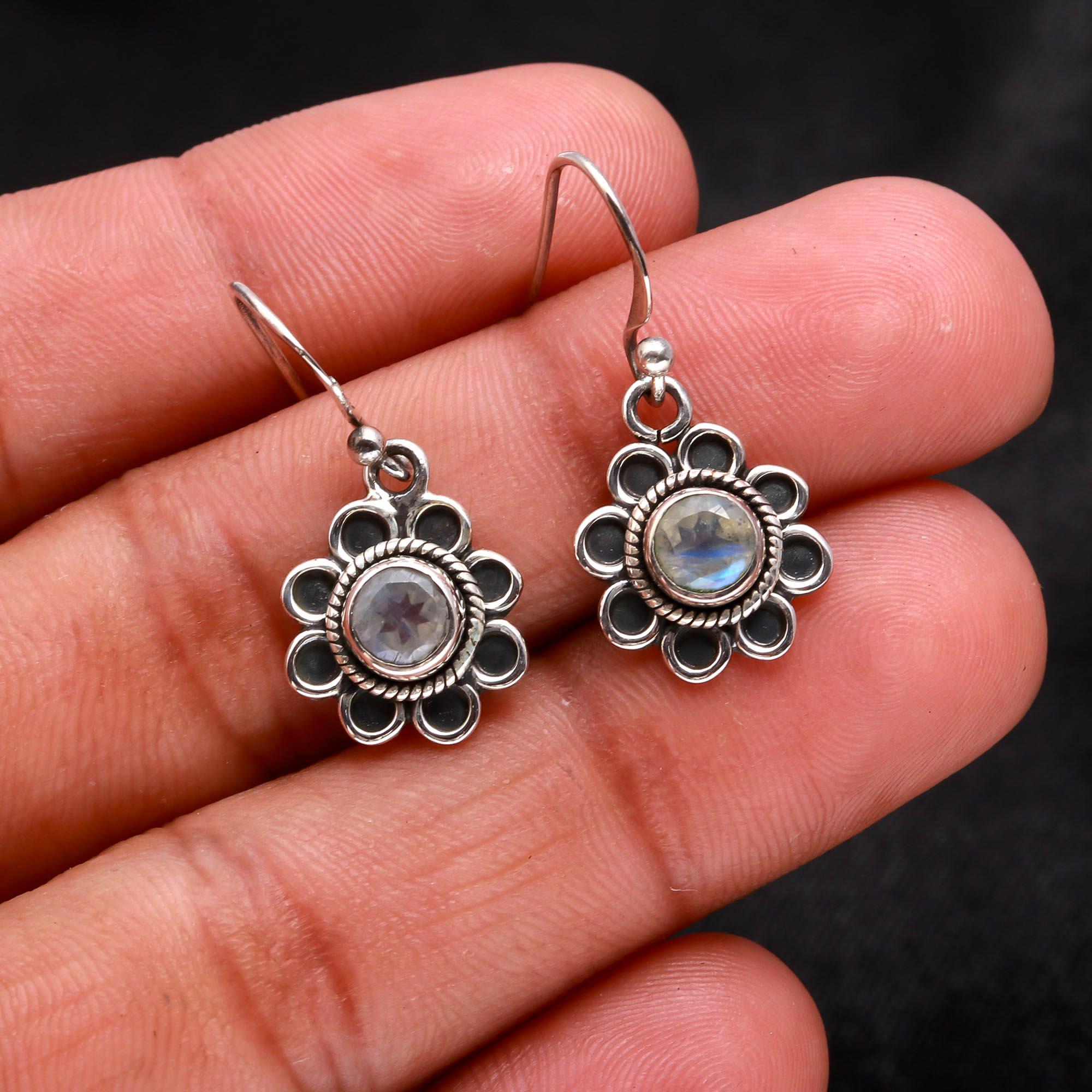 925 Sterling Silver Moonstone Floral Dangle Earrings