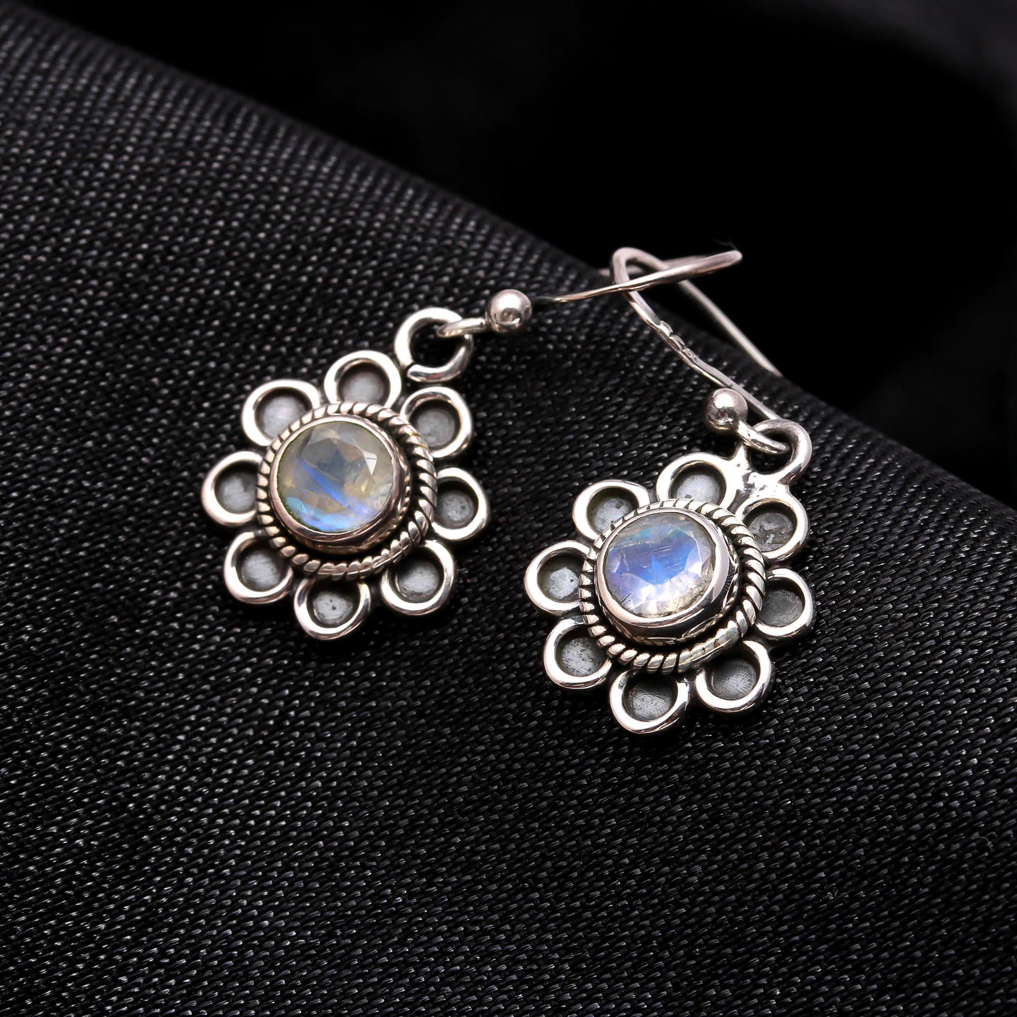 925 Sterling Silver Moonstone Floral Dangle Earrings