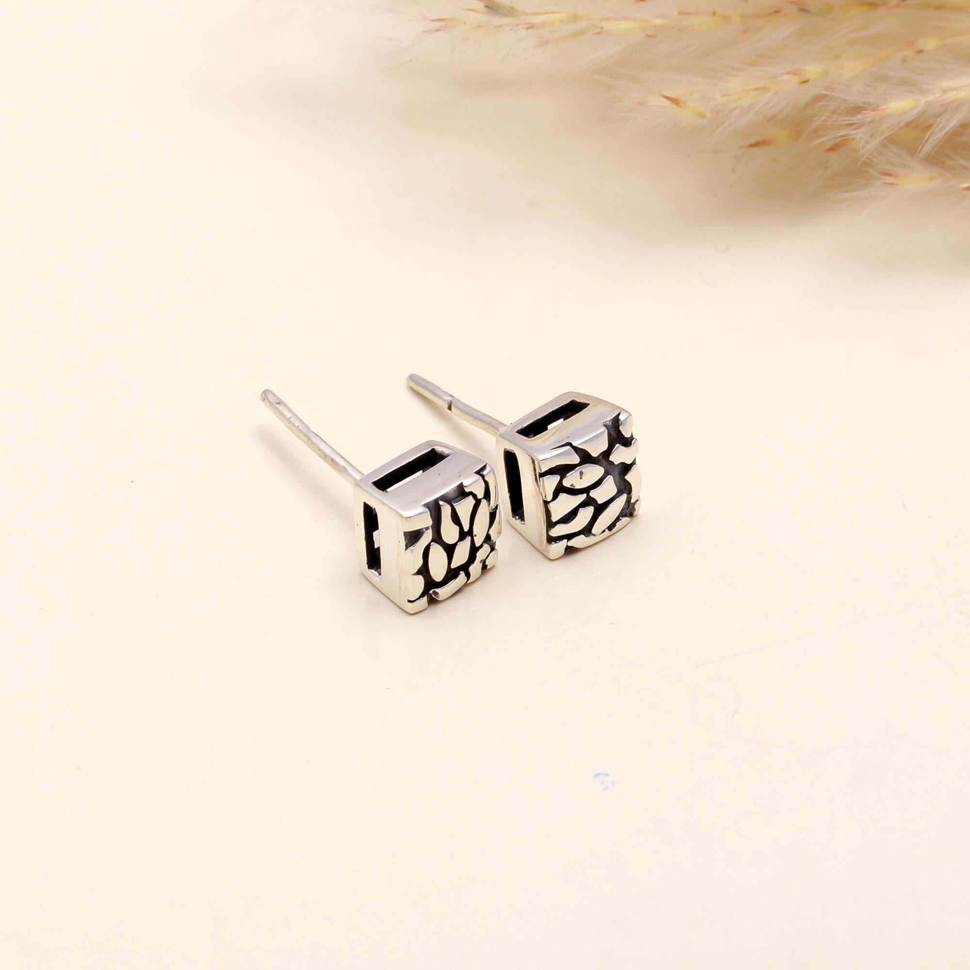 925 Sterling Silver Modern Cube Design Stud Earrings