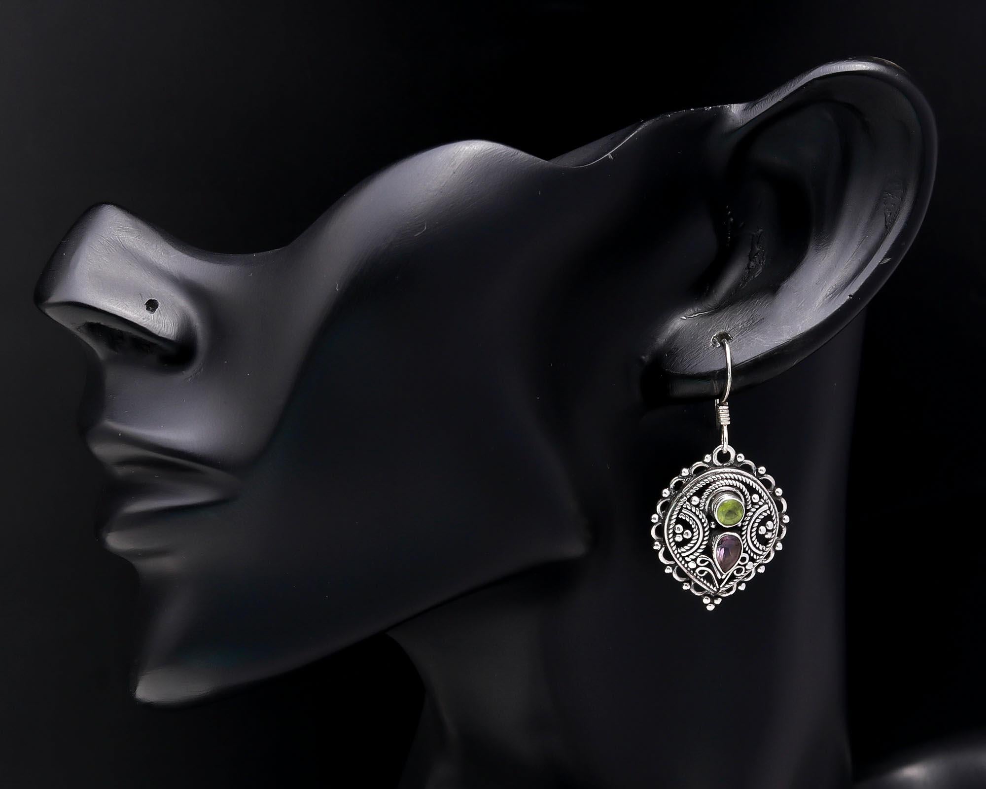 925 Sterling Silver Amethyst & Peridot Vintage Boho Filigree Dangle Earrings