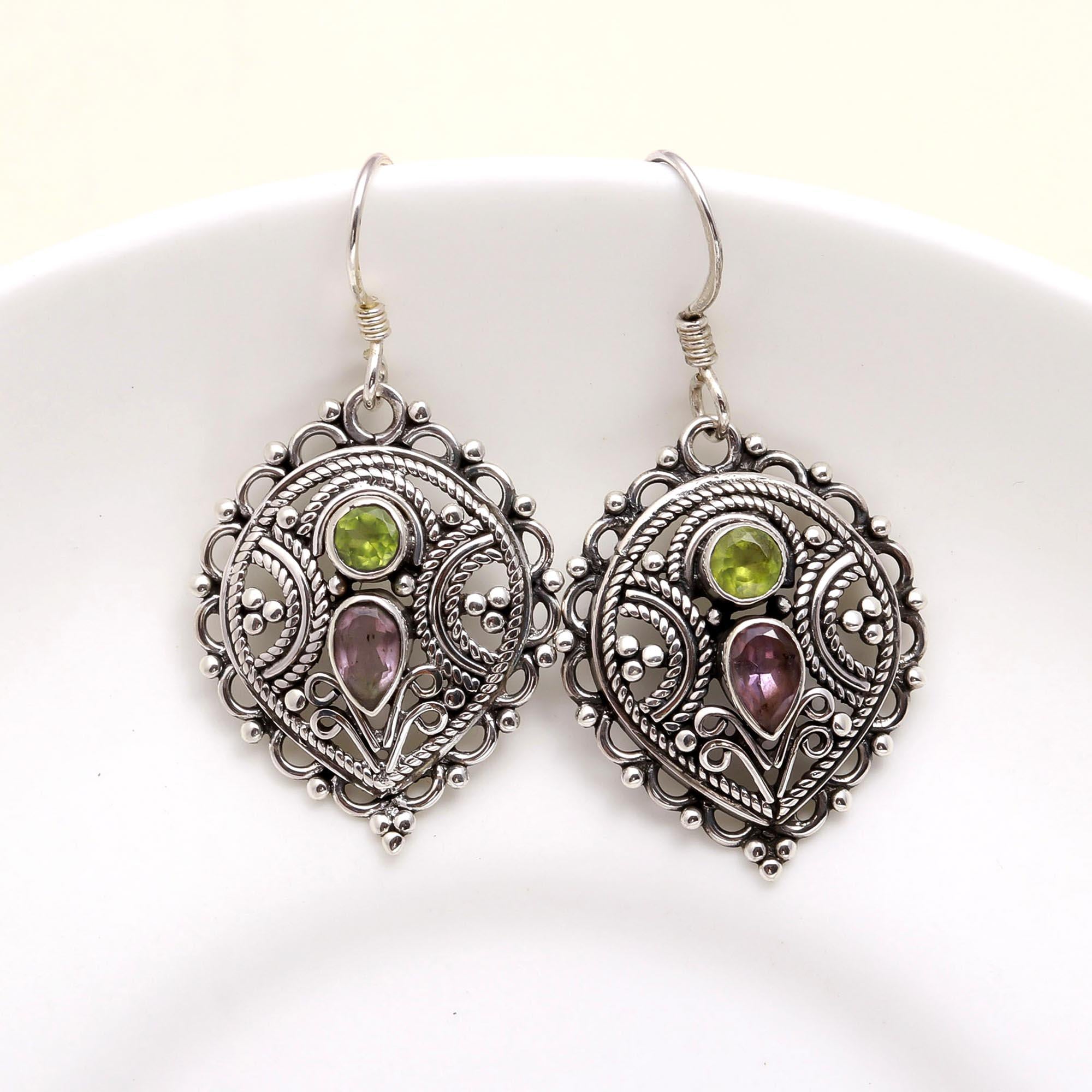 925 Sterling Silver Amethyst & Peridot Vintage Boho Filigree Dangle Earrings