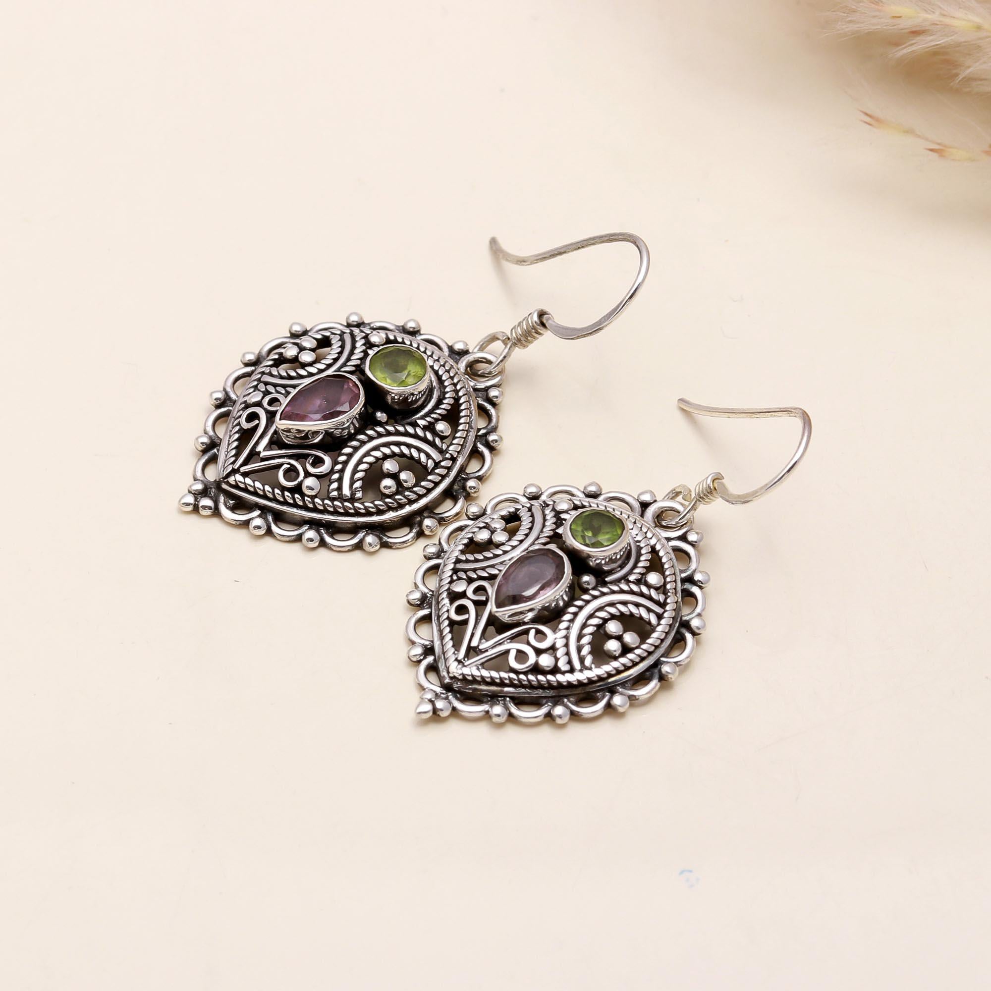 925 Sterling Silver Amethyst & Peridot Vintage Boho Filigree Dangle Earrings