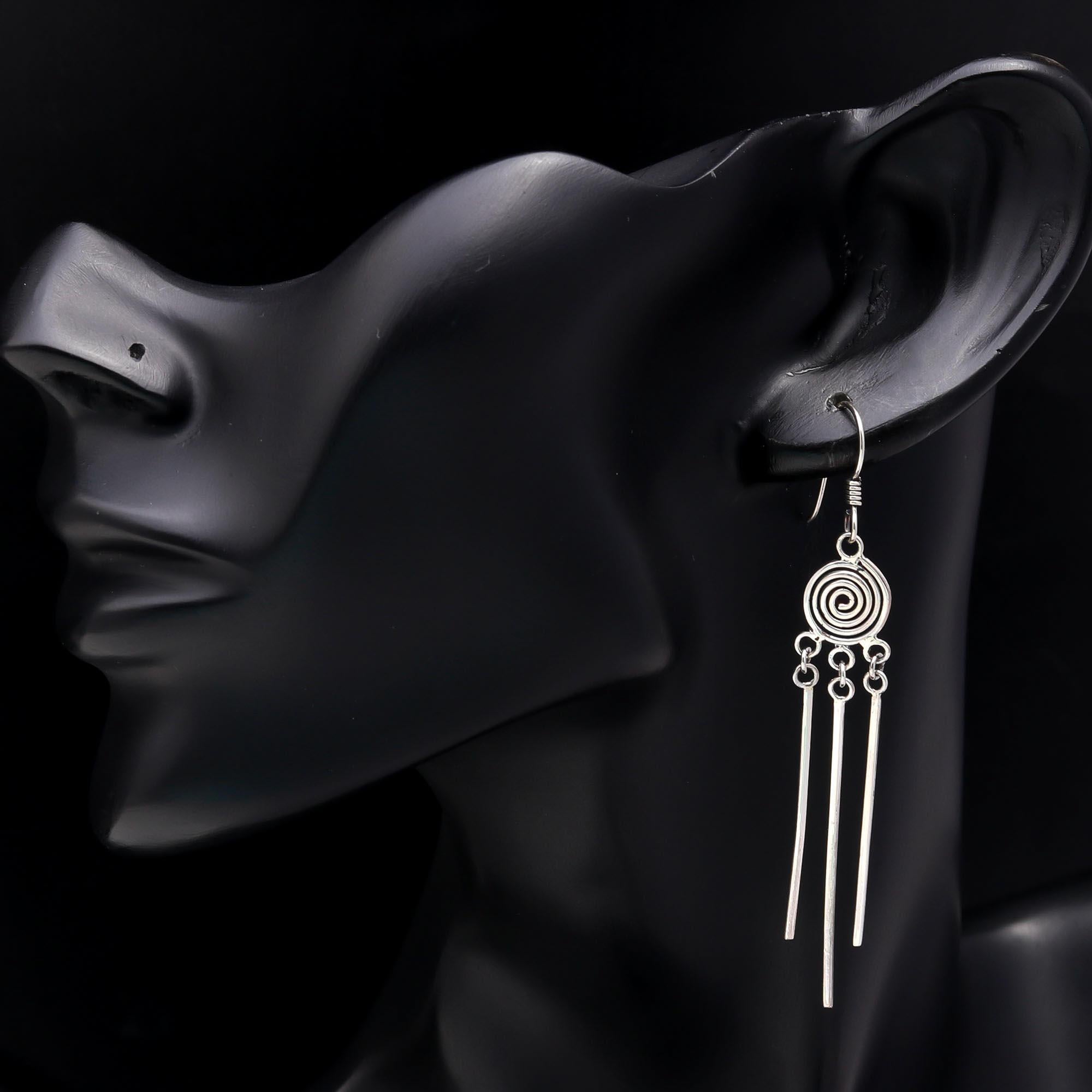 The Spiral Rain: Tribal Inspired Drop Silver Earrings