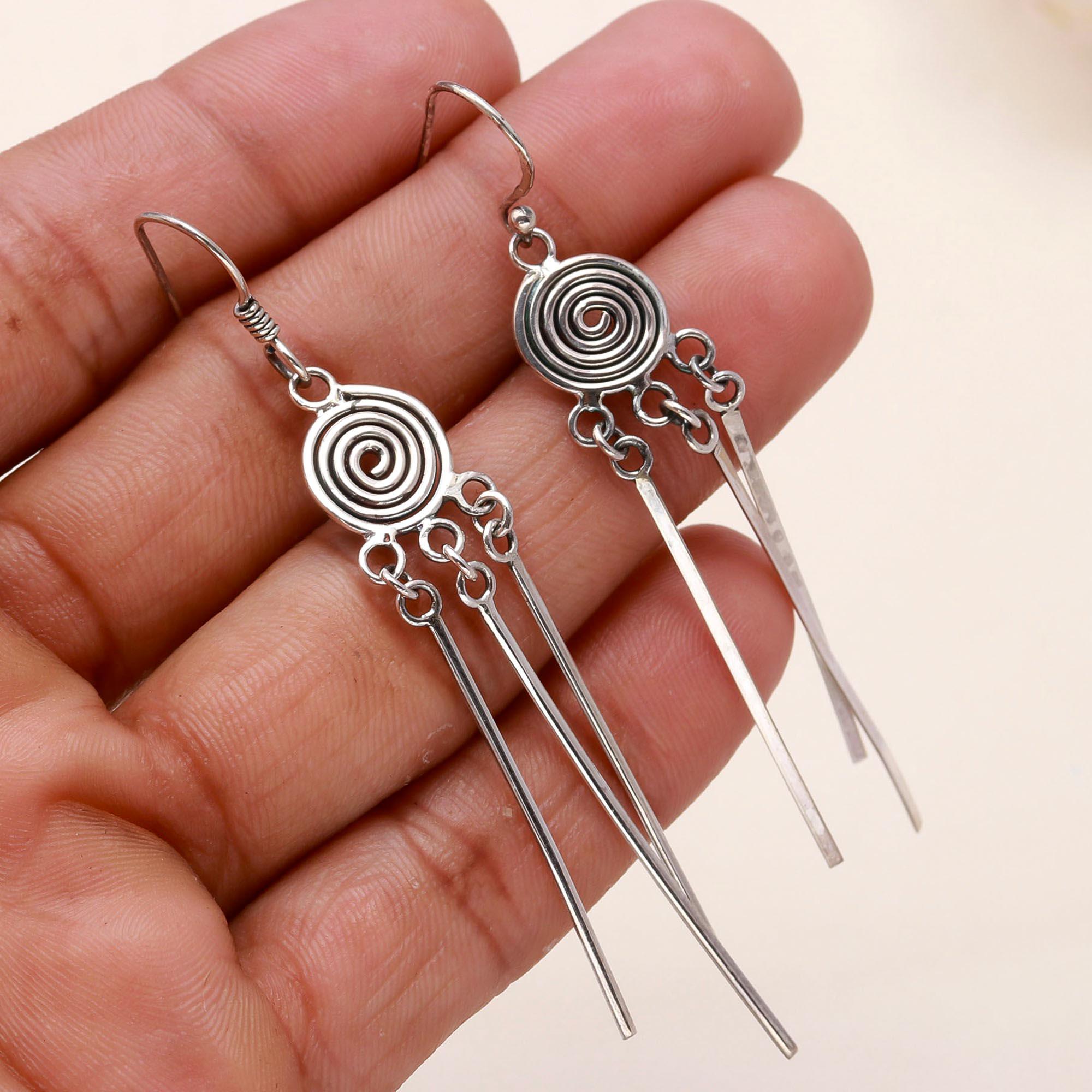 The Spiral Rain: Tribal Inspired Drop Silver Earrings