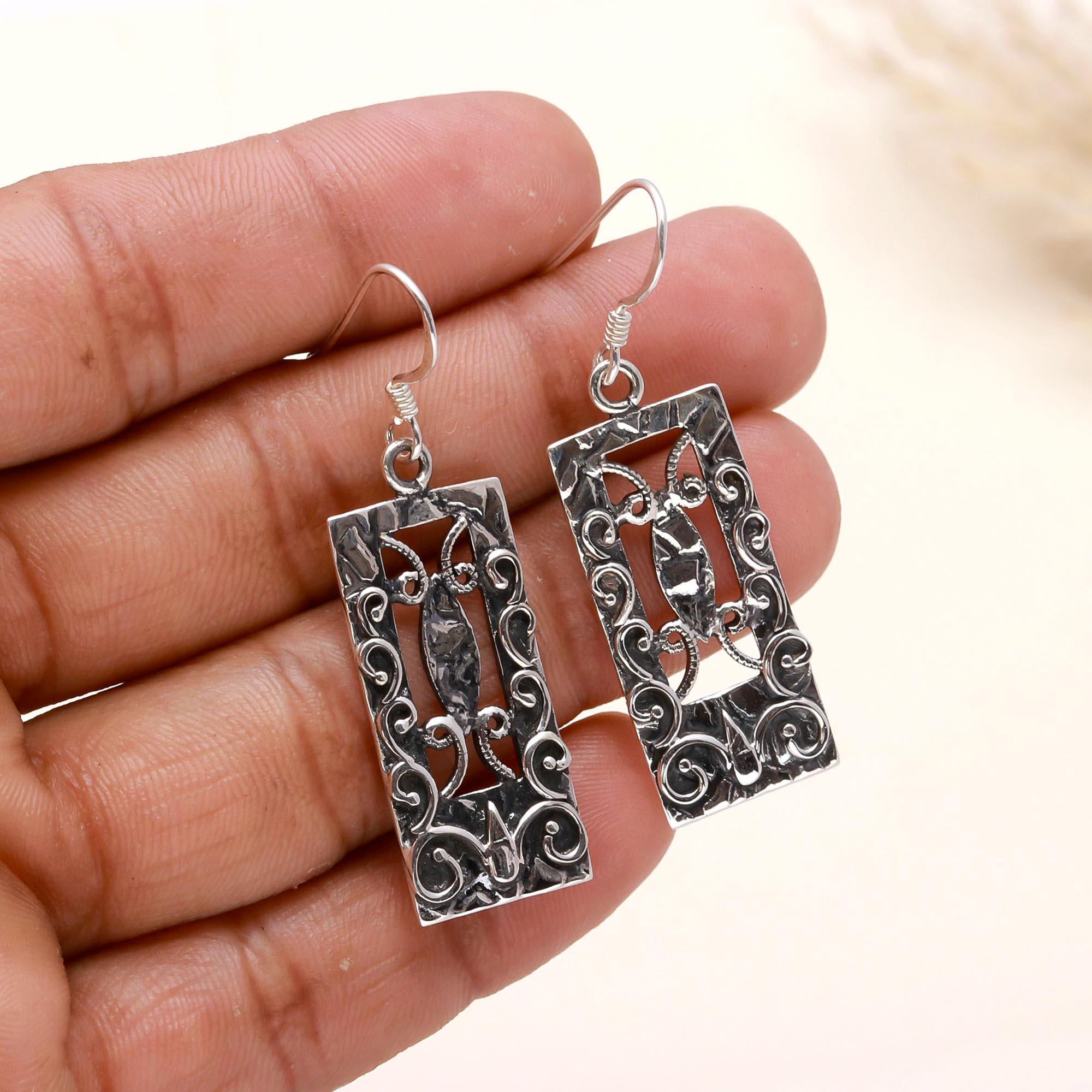 925 Sterling Silver Rectangle Vintage Boho Filigree Dangle Earrings