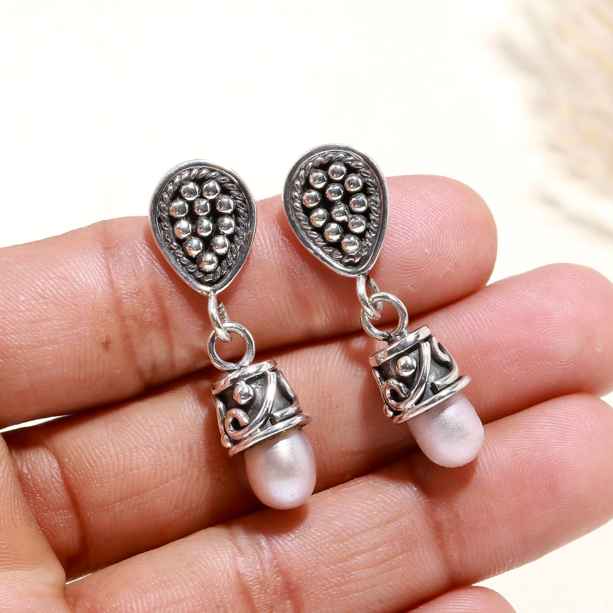 925 Sterling Silver Pearl Vintage Boho Dangle Earrings