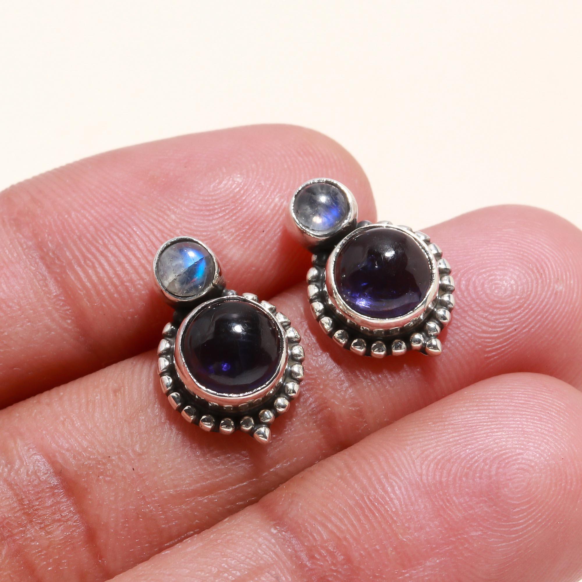 925 Sterling Silver Iolite & Aquamarine Vintage Boho Stud Earrings